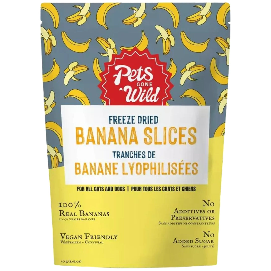 Package of Pets Gone Wild freeze-dried banana slices on a white background