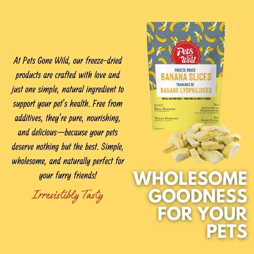 Pets Gone Wild banana slices packaging with text on a yellow background