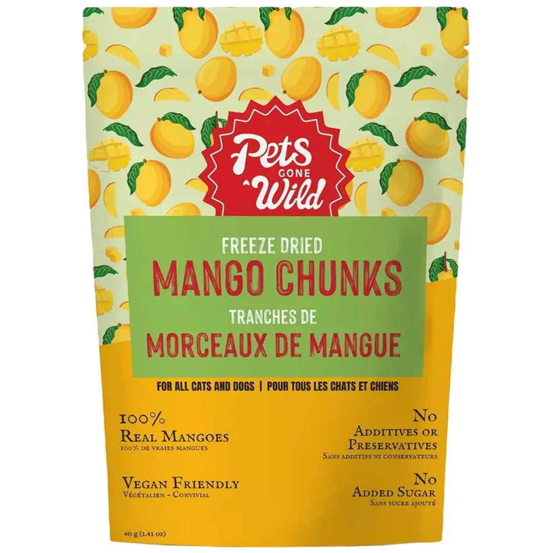 Package of Pets Gone Wild freeze-dried mango chunks for pets on a white background