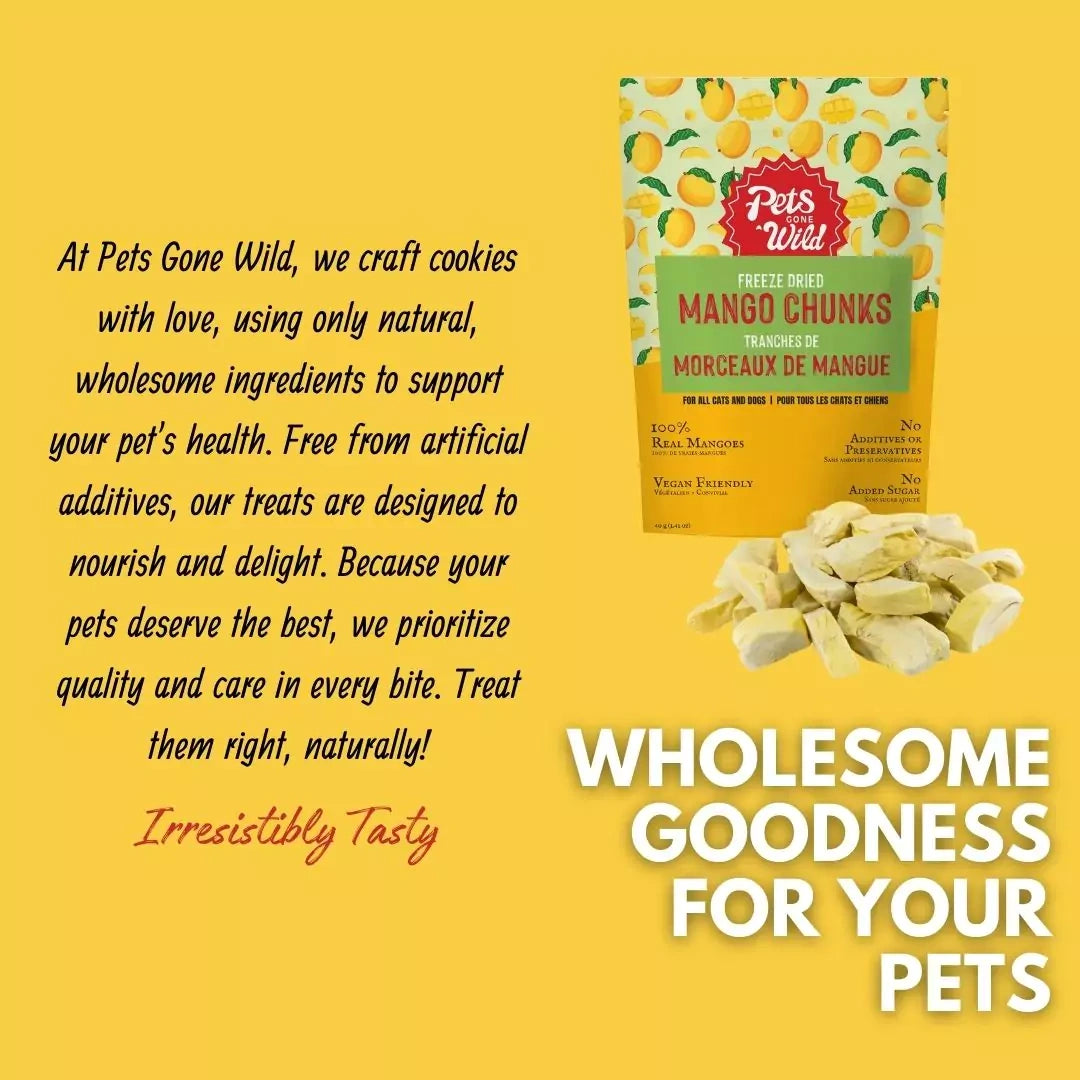 Pets Gone Wild Mango Chunks pet treat packaging on a yellow background with text about natural ingredients.
