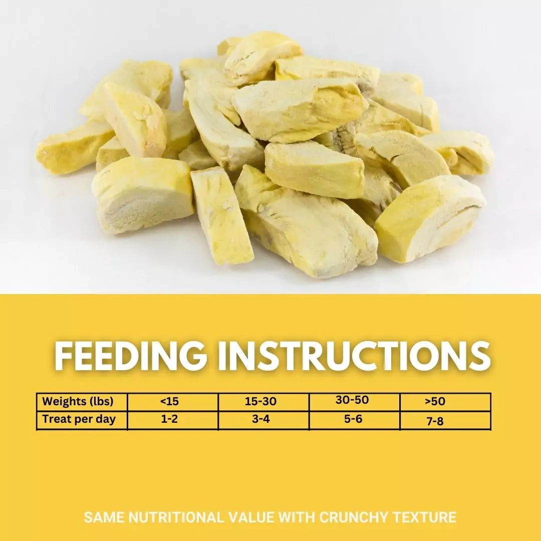 Diced yellow fruit with feeding instructions on a white background