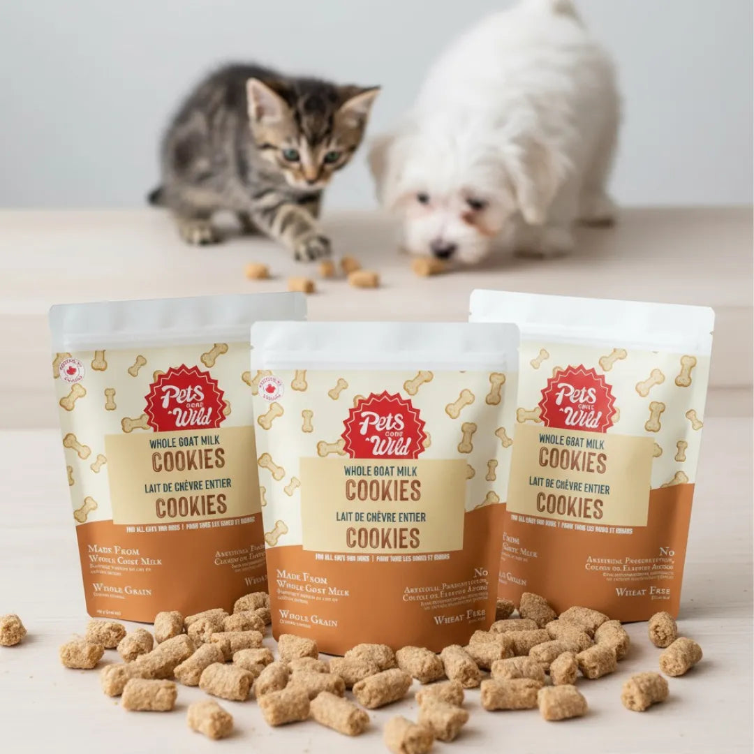 Three packages of 'Pets Wild' cookies with two small dogs and a kitten in the background.