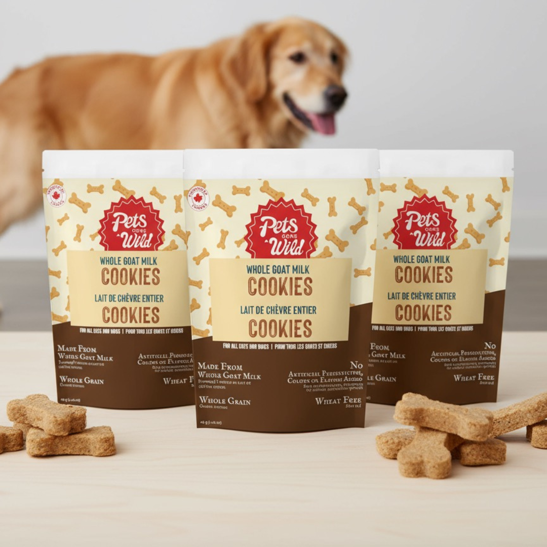 Three packages of Pets Wild cookies with a dog in the background