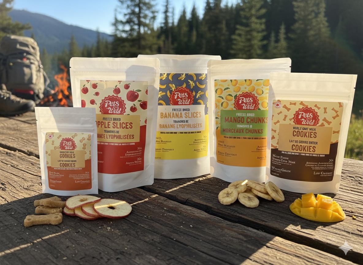 Assorted food packages on a wooden surface with a natural background