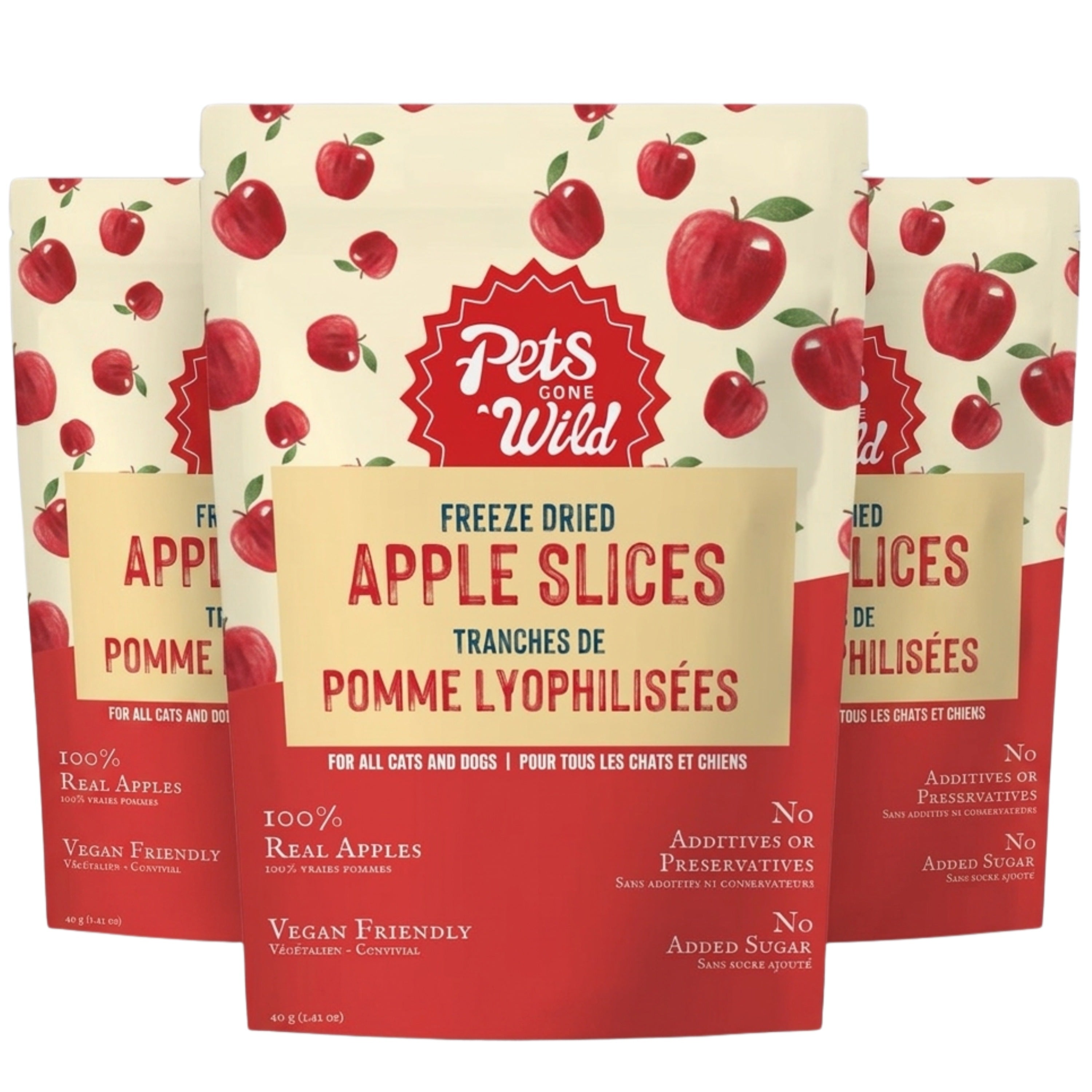 Pack of 3 freeze-dried apple treats for dogs and cats