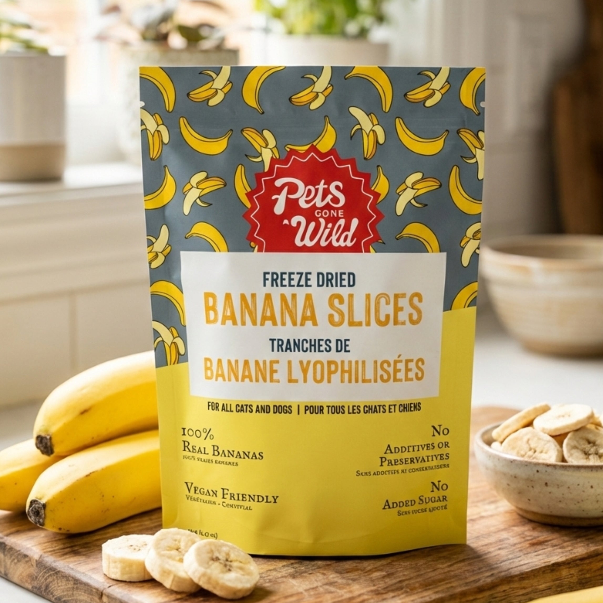 Pets Gone Wild freeze-dried banana pet treats packaging front view.