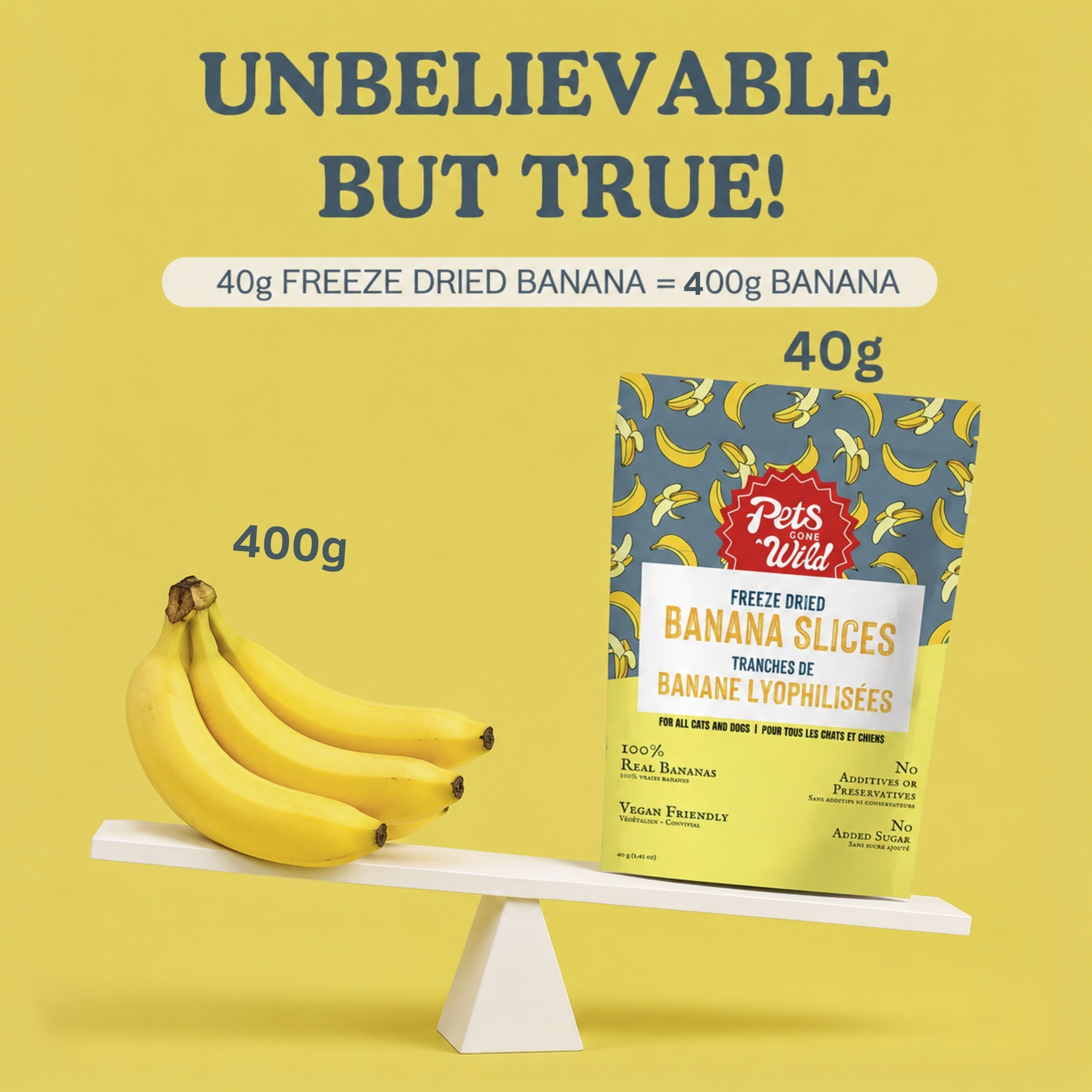 Scale showing 40g of Pets Gone Wild freeze-dried banana treats equals the nutritional content of 400g of fresh bananas, demonstrating concentrated nutrient density for dogs and cats