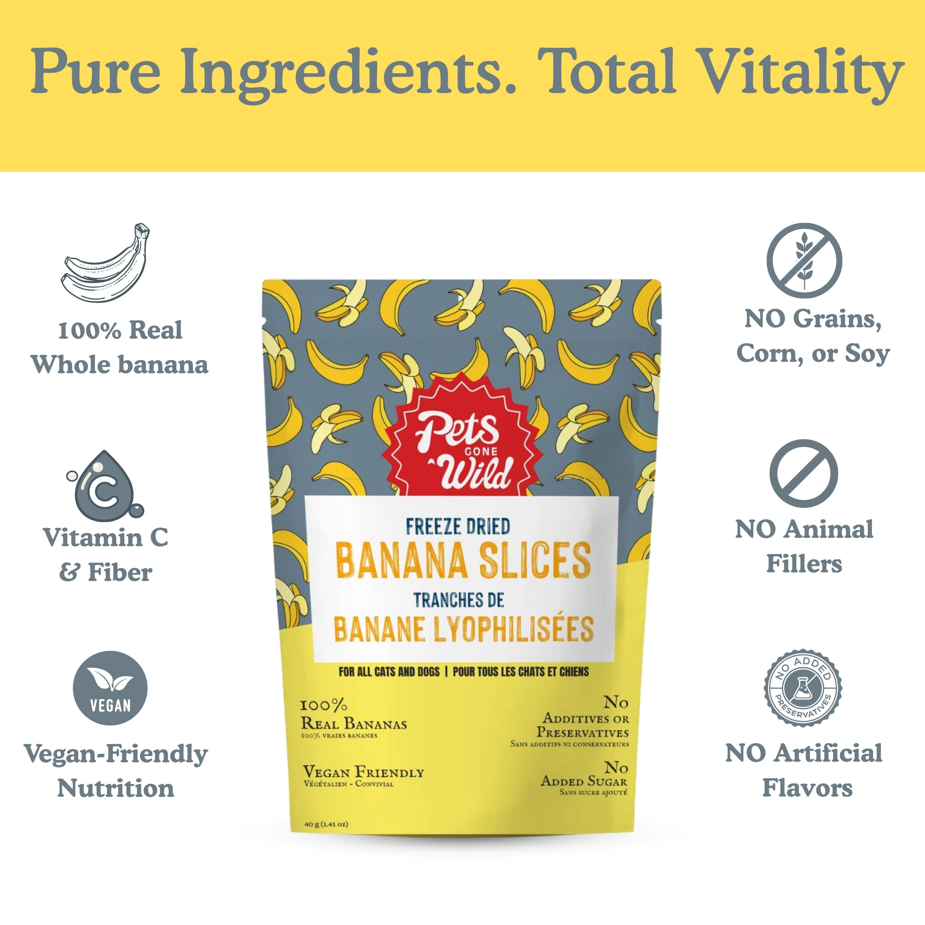Infographic showing Pets Gone Wild freeze-dried banana treats contain 100% real banana, Vitamin C, natural fibre, vegan nutrition, no grains corn or soy, no animal fillers, no artificial flavors