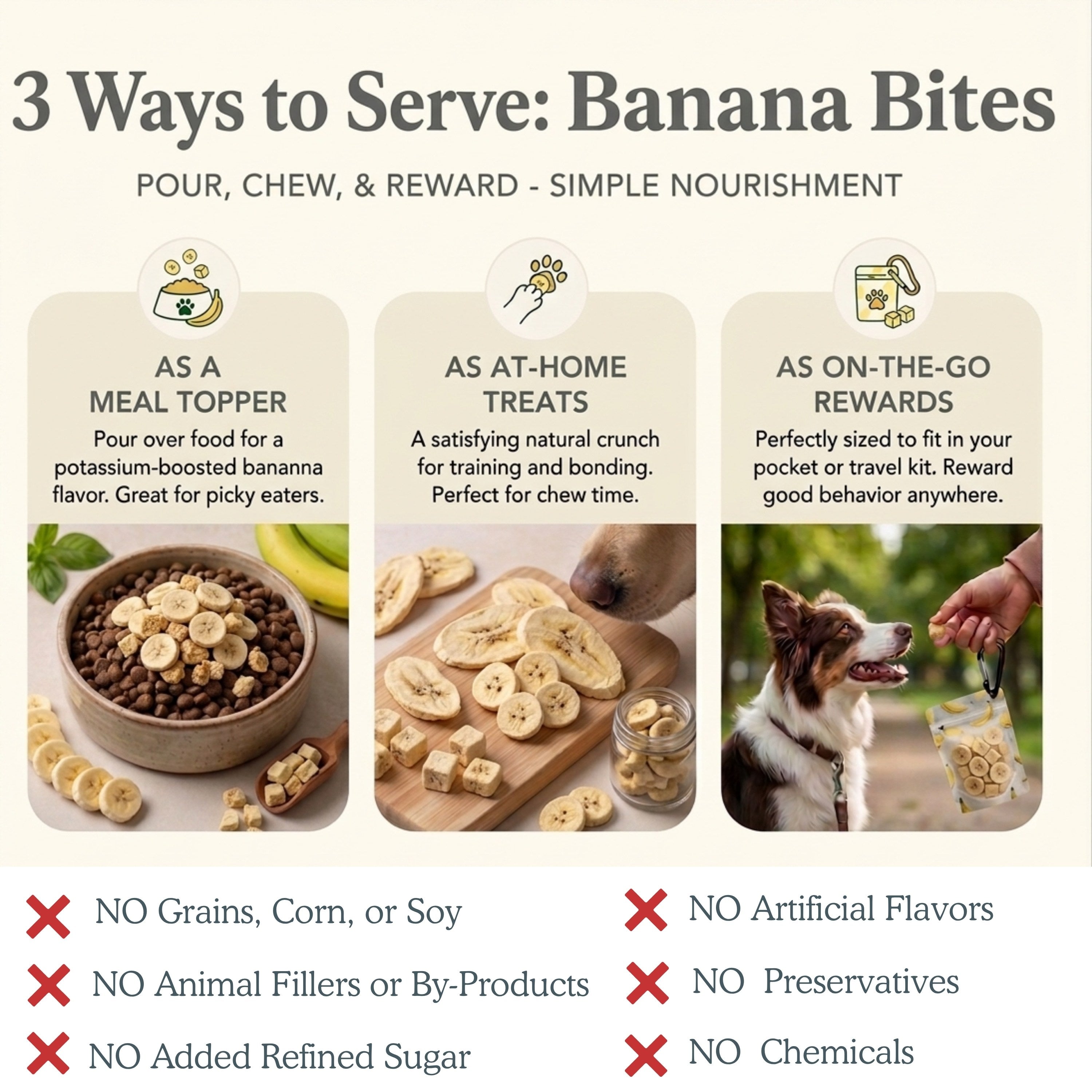 Feeding guide for Pets Gone Wild freeze-dried banana treats: cats up to 15 lbs get half a slice daily, small dogs 5 to 20 lbs get 1 to 2 slices, medium dogs 21 to 50 lbs get 3 to 4 slices per day, shown with a Corgi dog