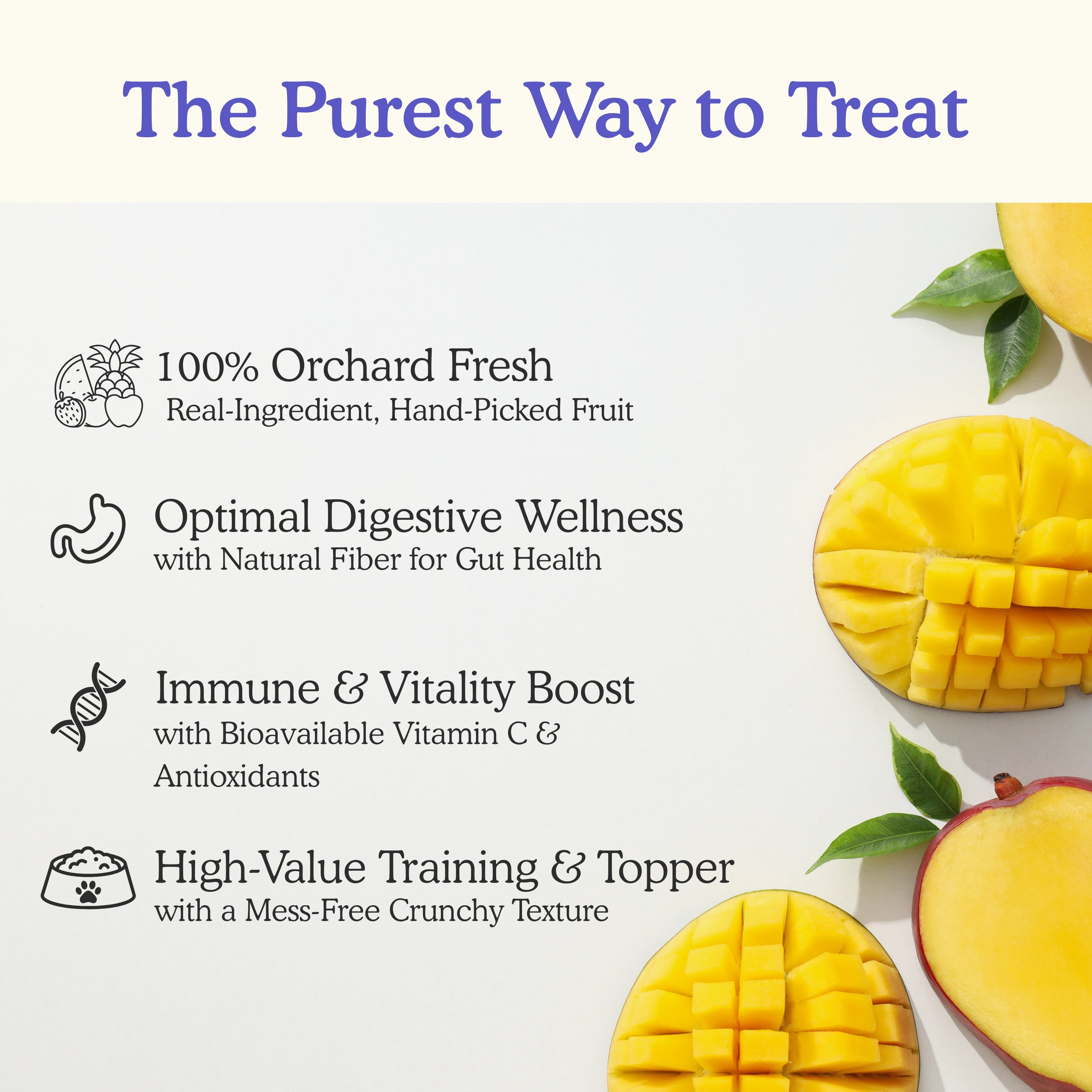 Freeze-dried pineapple mango and dragon fruit energy treats for dogs showing four key benefits: 100% orchard-fresh hand-picked fruit, optimal digestive wellness with natural fibre for gut health, immune and vitality boost with bioavailable Vitamin C and antioxidants, and high-value training treat with mess-free crunchy texture
