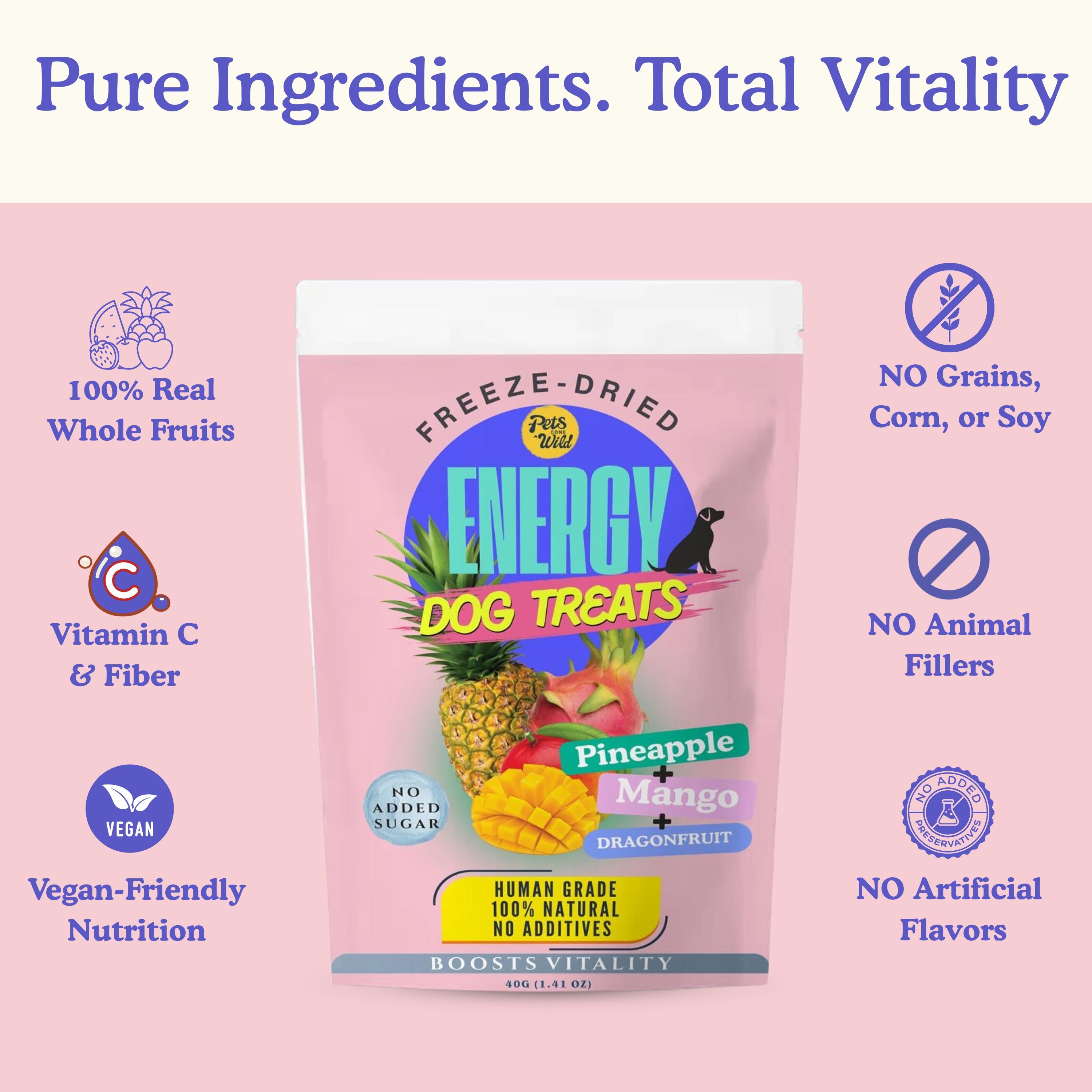 Infographic showing Pets Gone Wild freeze-dried Energy Dog Treats contain 100% real whole pineapple, mango, and dragon fruit with Vitamin C and fibre, vegan-friendly nutrition, no grains corn or soy, no animal fillers, no artificial flavors, no added preservatives