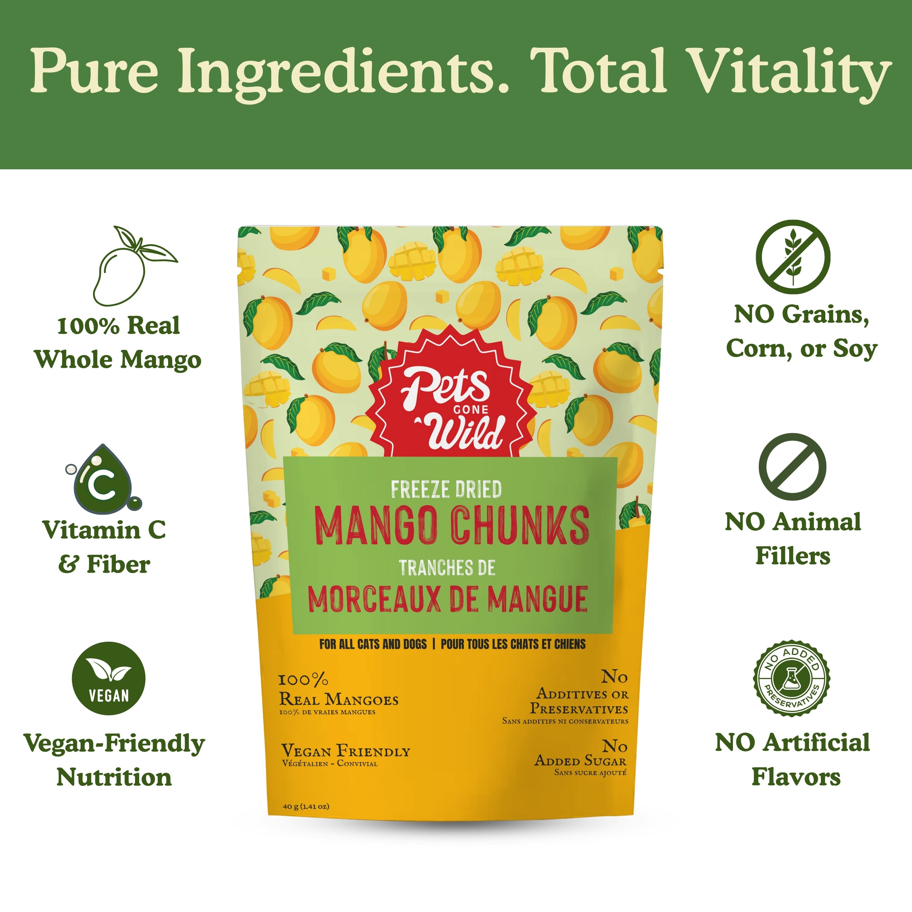 Infographic showing Pets Gone Wild freeze-dried mango chunk treats contain 100% real whole mango, Vitamin C, dietary fibre, vegan nutrition, no grains corn or soy, no animal fillers, no artificial flavors