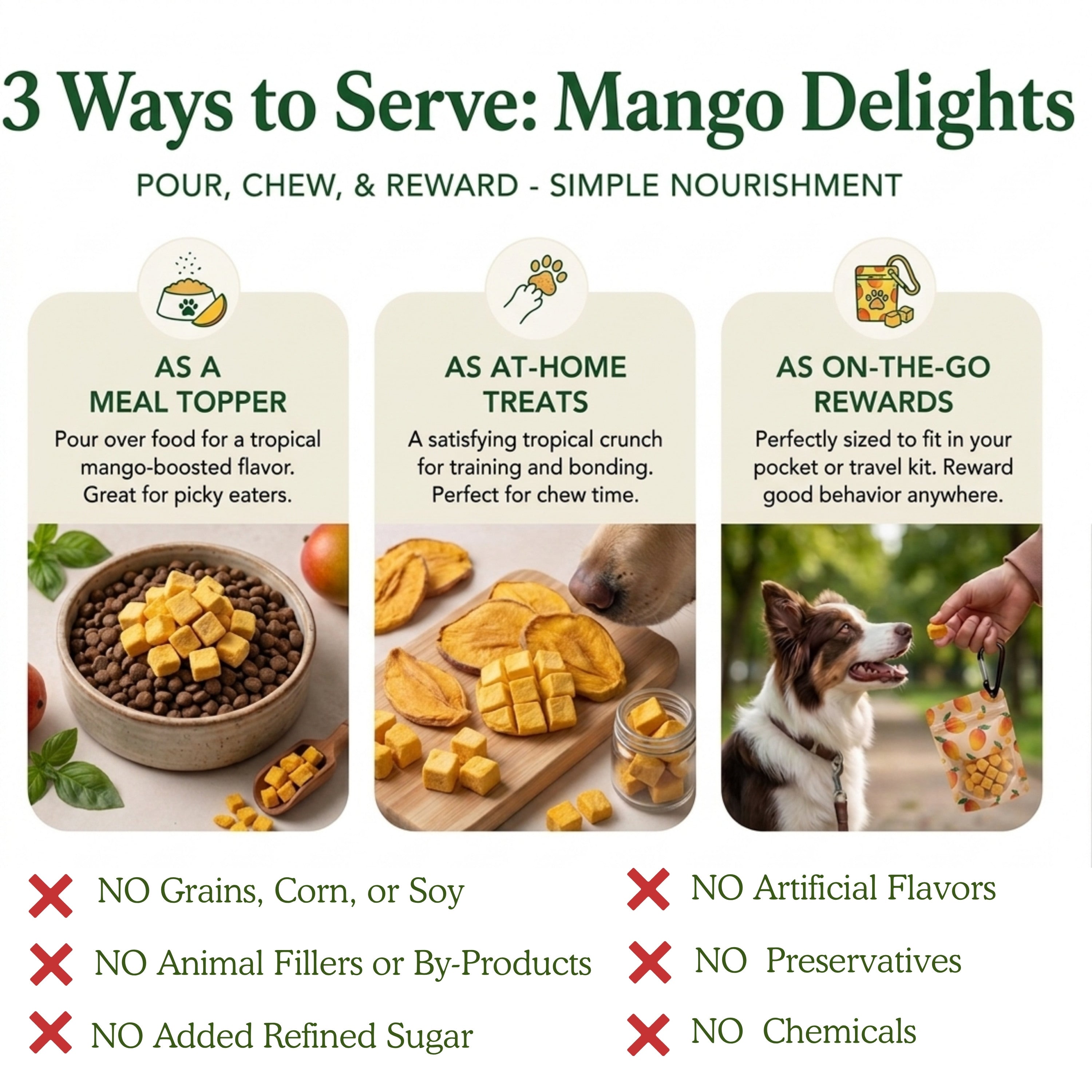 Three ways to serve Pets Gone Wild freeze-dried mango treats for dogs: as a tropical mango-boosted meal topper for picky eaters, as at-home training and bonding treats with tropical crunchy texture, and as portable on-the-go rewards with no grains, preservatives, or chemicals