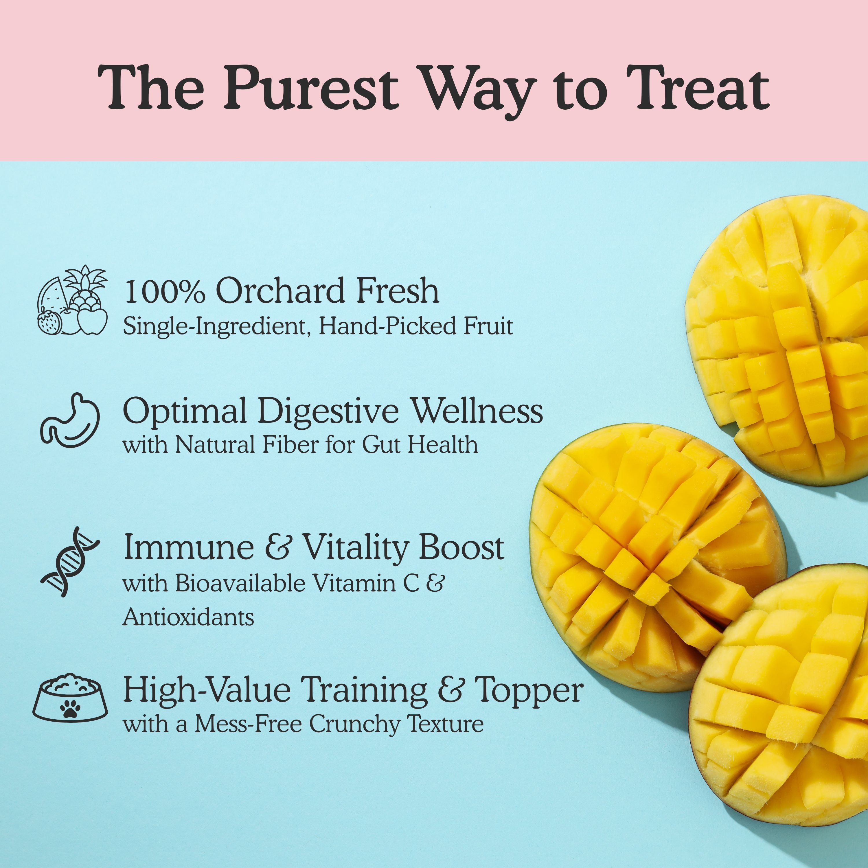 Freeze-dried papaya apple and banana digestive treats for dogs showing four benefits: 100% orchard-fresh hand-picked fruit for optimal digestive wellness with natural fibre and gut health, immune and vitality boost with bioavailable Vitamin C and antioxidants, and high-value training treat with mess-free crunchy texture