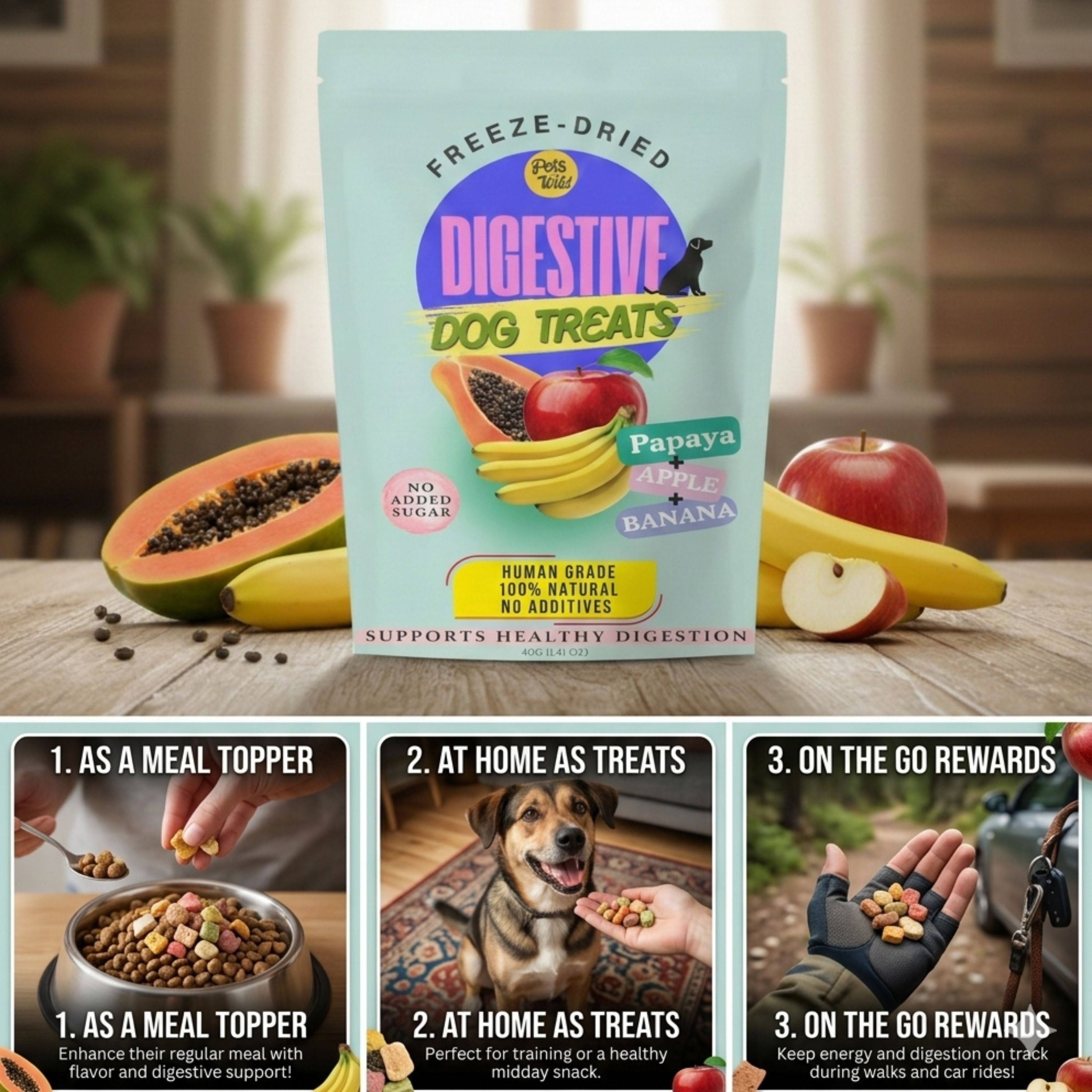 Three ways to serve Pets Gone Wild freeze-dried papaya apple banana Digestive Dog Treats: as a meal topper that enhances regular food with flavor and digestive enzyme support, as at-home training treats or healthy midday snack, and as on-the-go rewards to keep digestion and energy on track during walks and car rides, no additives or artificial flavors