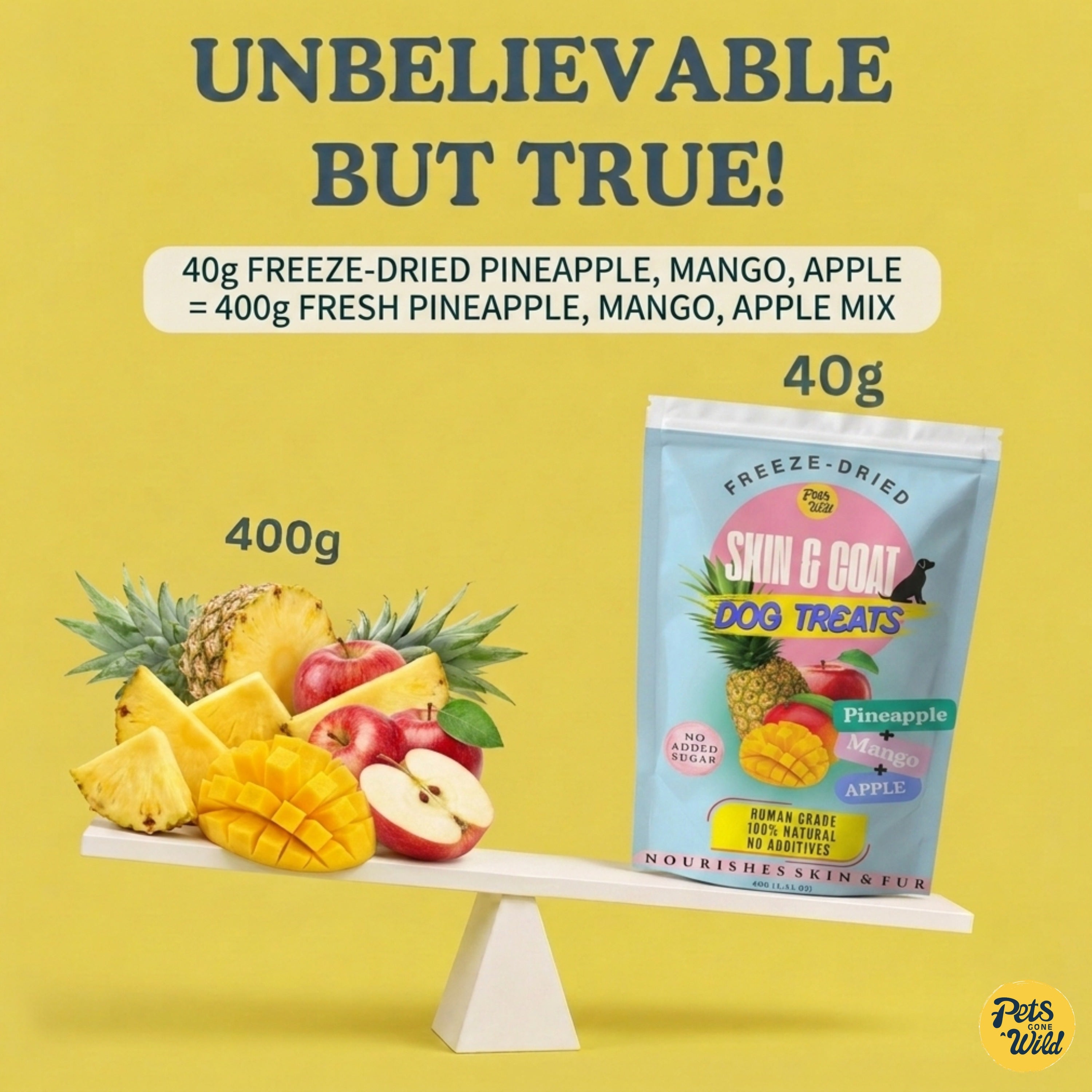 Scale showing 40g of Pets Gone Wild freeze-dried pineapple mango and apple Skin and Coat Dog Treats equals the nutritional content of 400g of fresh pineapple mango and apple combined, including 10x concentrated bromelain enzyme from pineapple and beta-carotene from mango for skin and coat health in dogs and cats