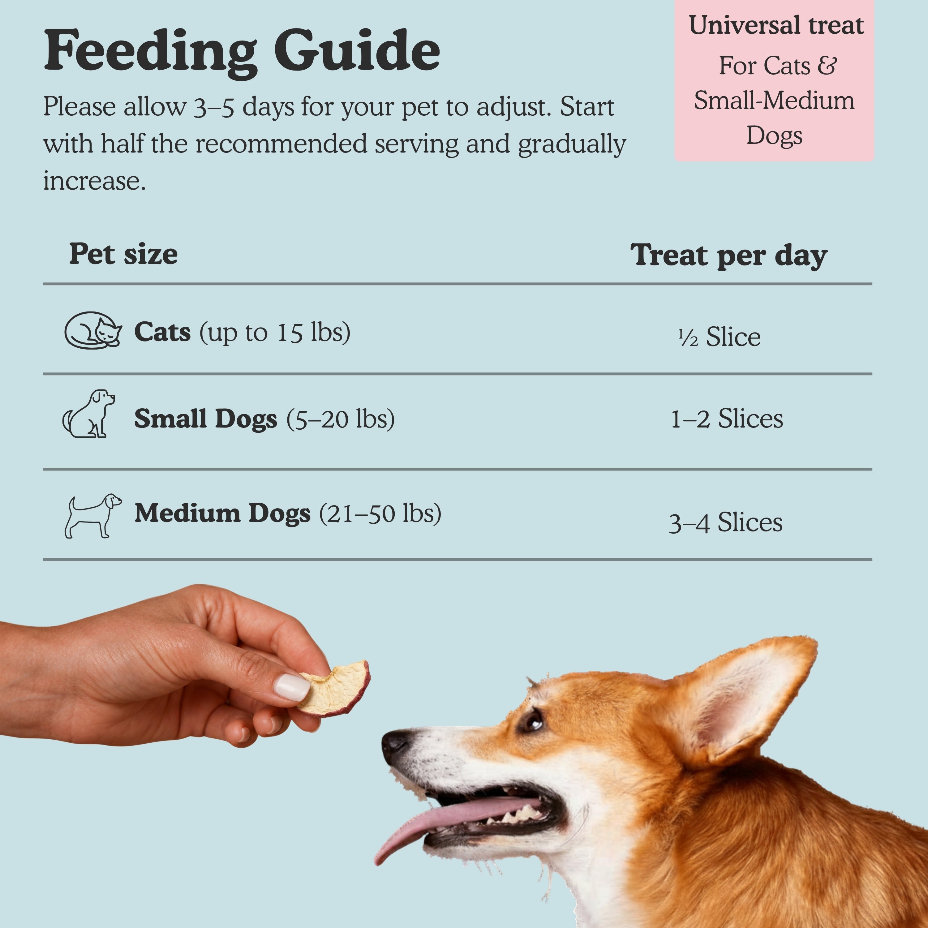 Feeding guide for Pets Gone Wild freeze-dried pineapple mango and apple Skin and Coat Dog Treats: cats up to 15 lbs get half a piece daily, small dogs 5 to 20 lbs get 1 to 2 pieces, medium dogs 21 to 50 lbs get 3 to 4 pieces per day, allow 3 to 5 days adjustment period, universal skin and coat support treat for cats and small to medium dogs