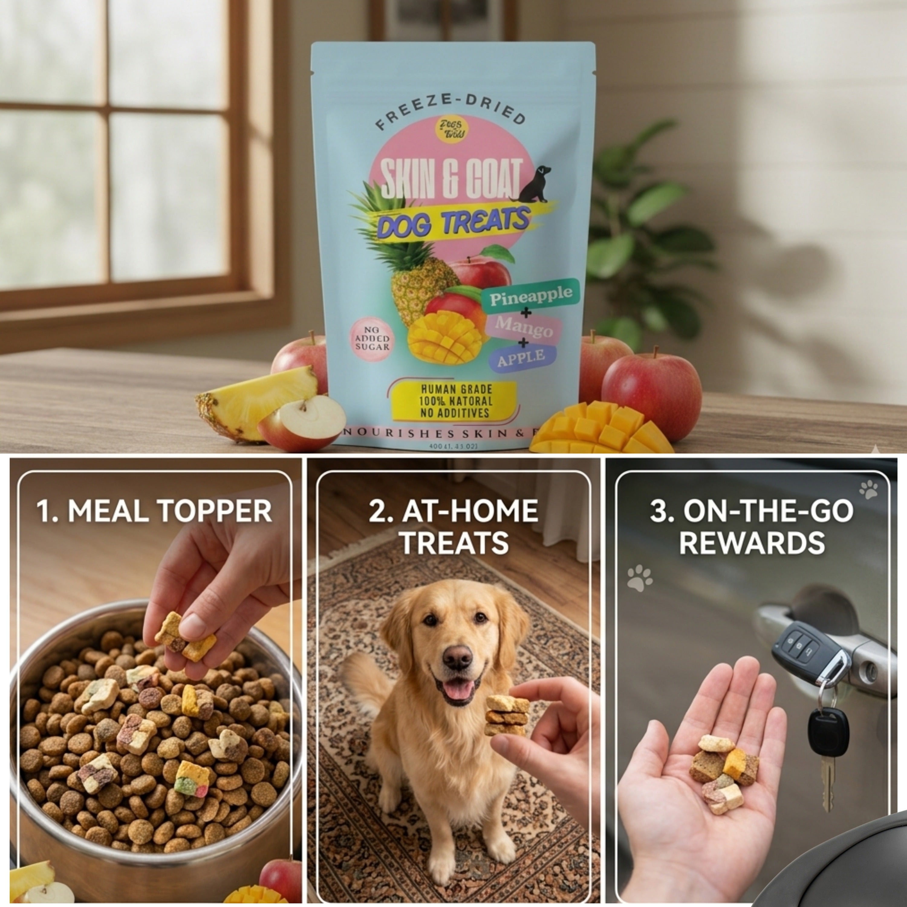 Three ways to serve Pets Gone Wild freeze-dried pineapple mango apple Skin and Coat Dog Treats: as a meal topper with bromelain and beta-carotene for skin health, as at-home training treats for bonding with a Golden Retriever, and as on-the-go rewards, with no grains corn soy artificial flavors or preservatives