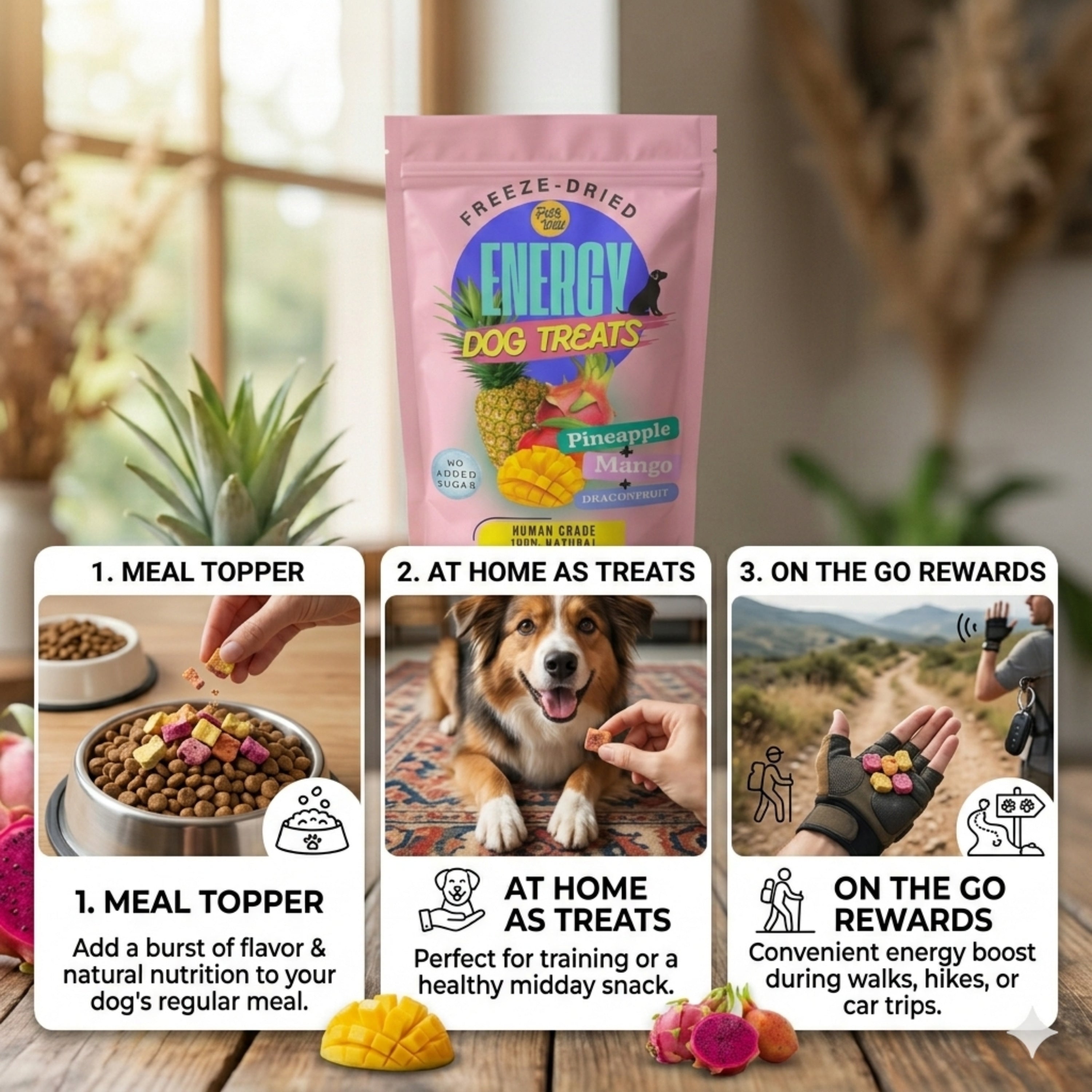 Three ways to serve Pets Gone Wild freeze-dried pineapple mango dragon fruit Energy Dog Treats: as a tropical-flavour meal topper for natural nutrition boost, as at-home training or healthy midday snack treats, and as convenient on-the-go energy rewards during walks hikes or car trips, no grains corn soy artificial flavors preservatives or chemicals