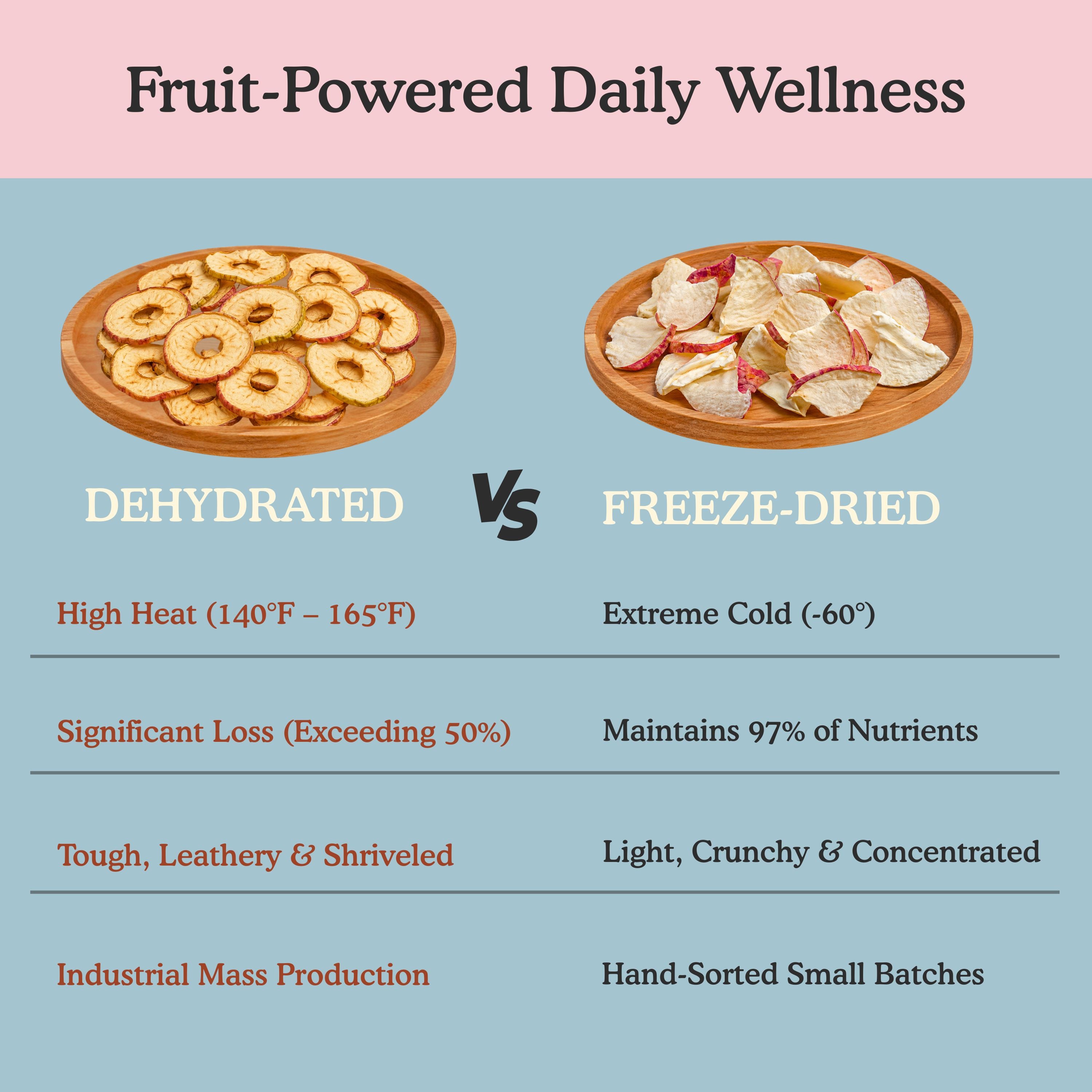 Comparison of dehydrated versus freeze-dried papaya apple banana digestive dog treats: freeze-drying at extreme cold minus 60 degrees preserves 97% of nutrients including biologically active papain enzyme, versus over 50% nutrient loss and complete papain destruction from high-heat dehydration at 140 to 165 degrees Fahrenheit, with light crunchy hand-sorted small-batch result versus tough leathery industrial production