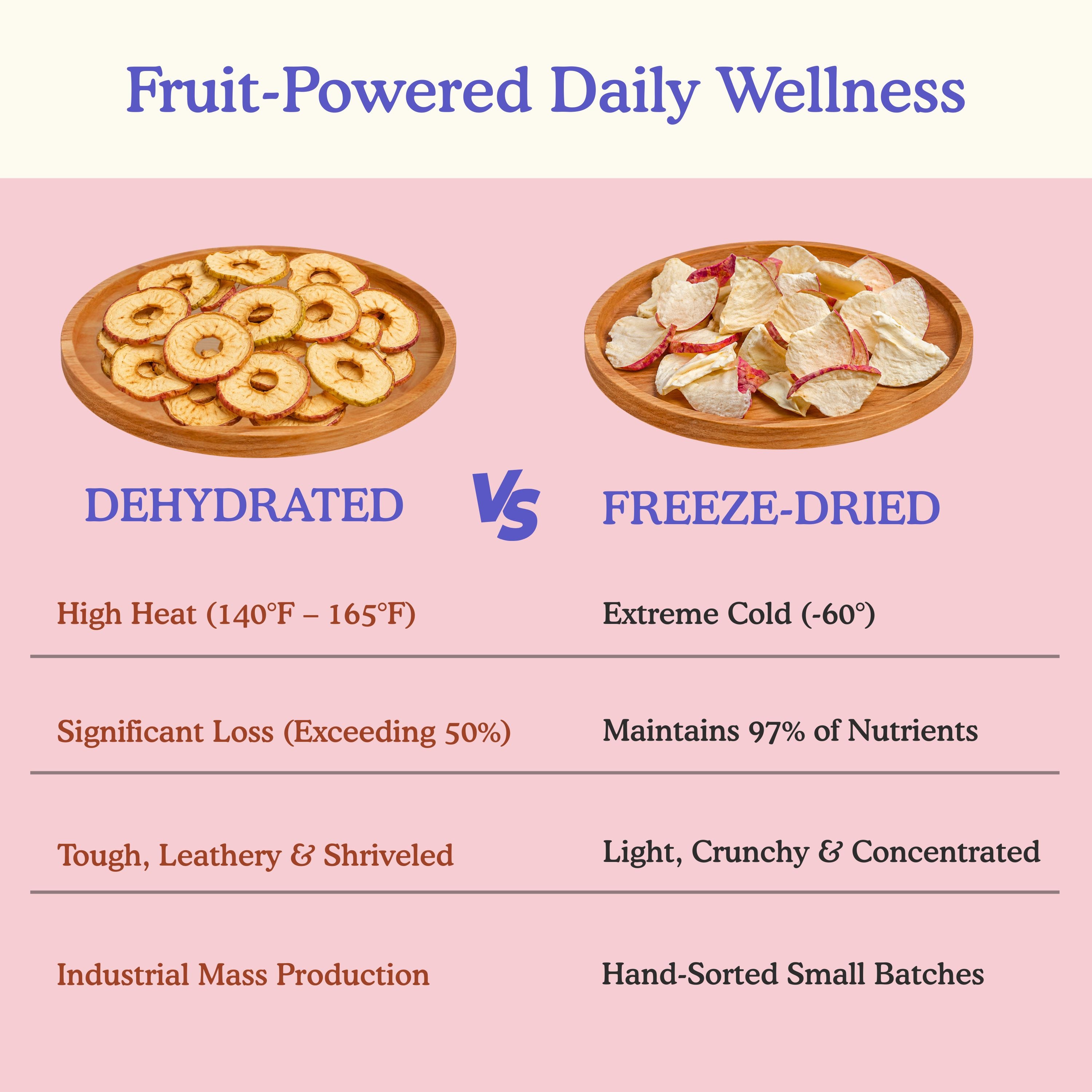 Comparison of dehydrated versus freeze-dried pineapple mango dragon fruit dog treats: freeze-drying at extreme cold minus 60 degrees Celsius preserves 97% of nutrients versus over 50% loss with high heat dehydration at 140 to 165 degrees, resulting in light crunchy hand-sorted small batches versus tough leathery industrial production