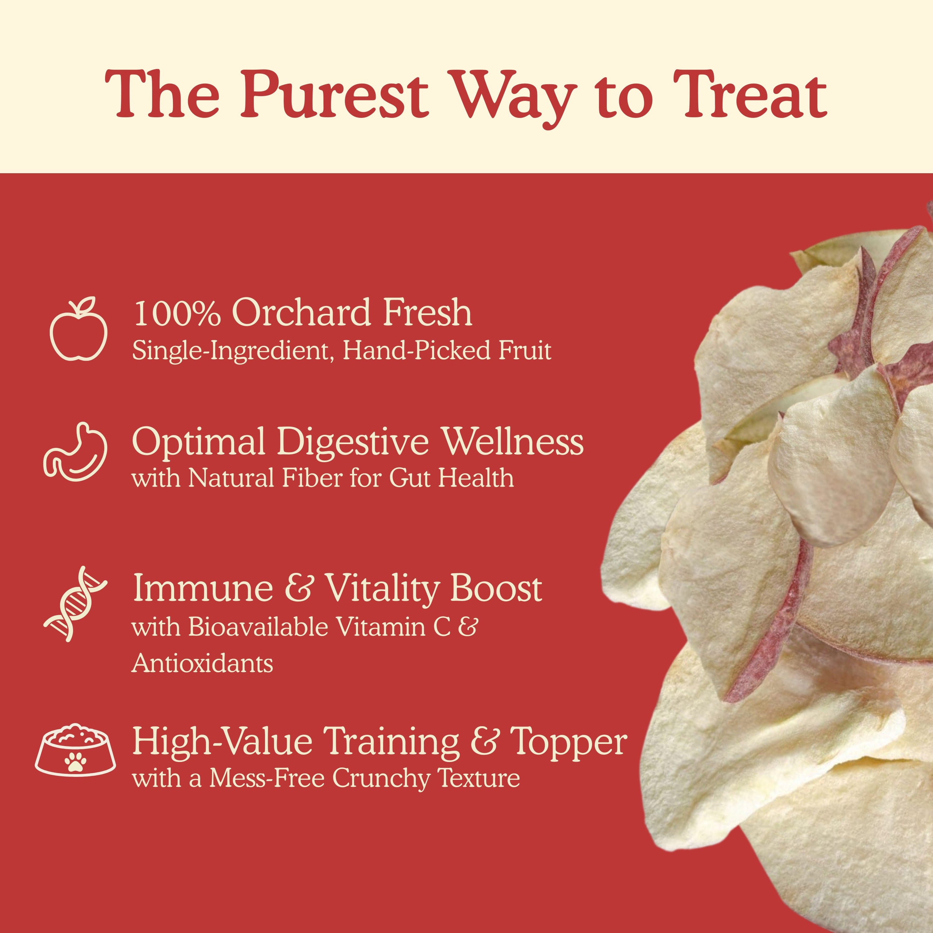 Fresh apples beside freeze-dried fruit treats for pets