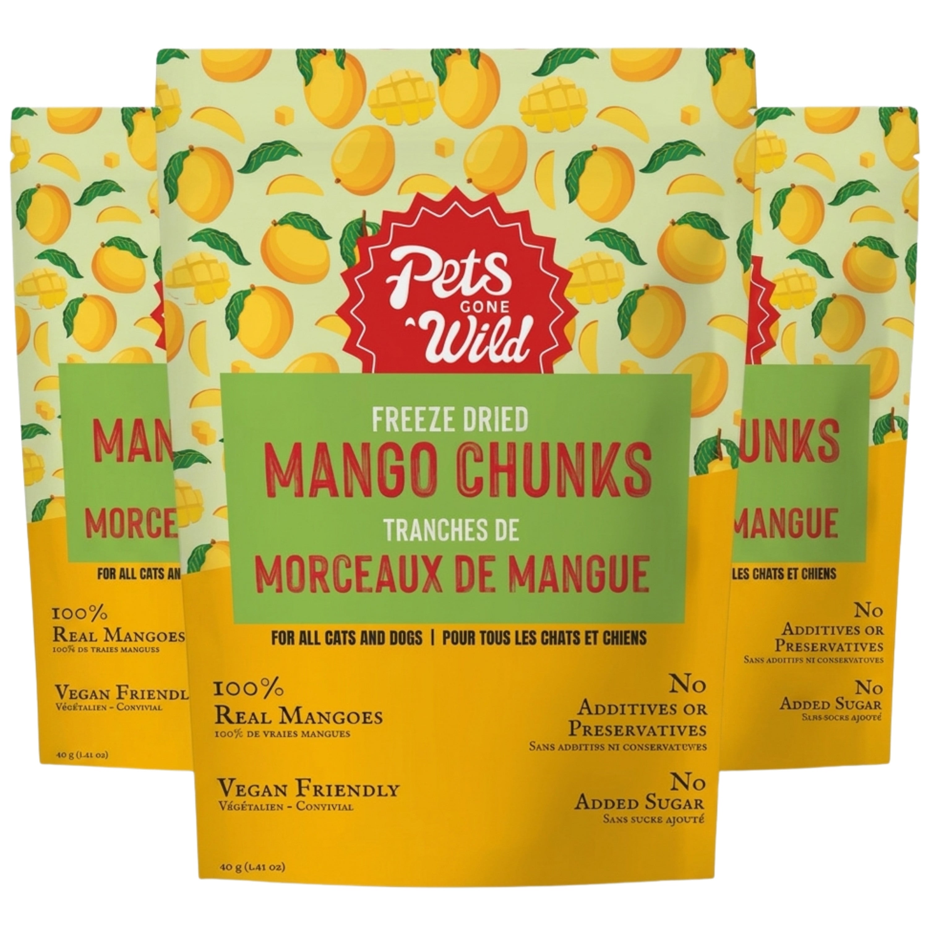 Three pouches of Pets Gone Wild freeze-dried mango chunks for cats and dogs.