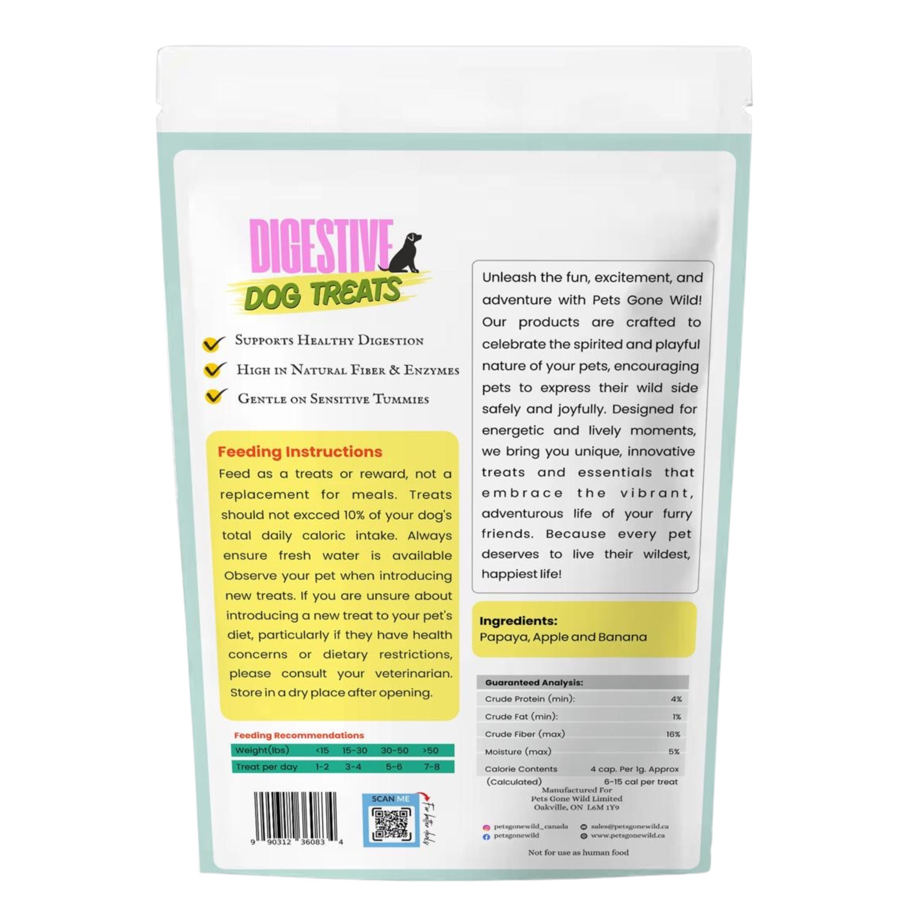 Back of pack label for Pets Gone Wild freeze-dried Digestive Dog Treats showing ingredients: papaya, apple and banana; health claims: supports healthy digestion, high in natural fiber and enzymes, gentle on sensitive tummies; guaranteed analysis with 4% crude protein, 1% crude fat, 16% crude fibre, 5% moisture; feeding recommendation of treats not exceeding 10% daily caloric intake; manufactured for Pets Gone Wild Limited, Oakville Ontario Canada L6M 1Y9