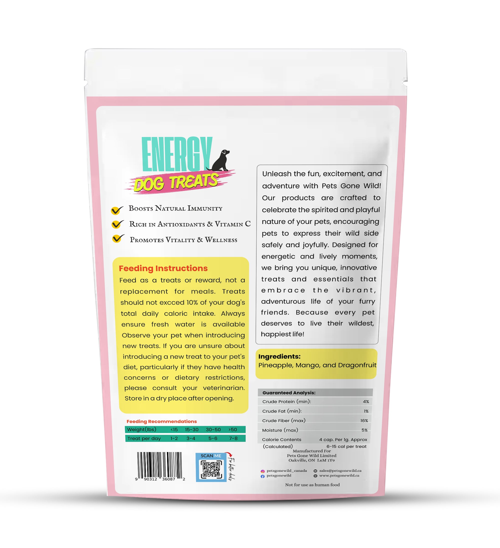 Back of pack label for Pets Gone Wild freeze-dried Energy Dog Treats showing ingredients: pineapple, mango, and dragonfruit; guaranteed analysis with 4% crude protein, 1% crude fat, 16% crude fibre, 5% moisture; feeding instructions recommending treats do not exceed 10% of daily caloric intake; manufactured for Pets Gone Wild Limited, Oakville Ontario Canada