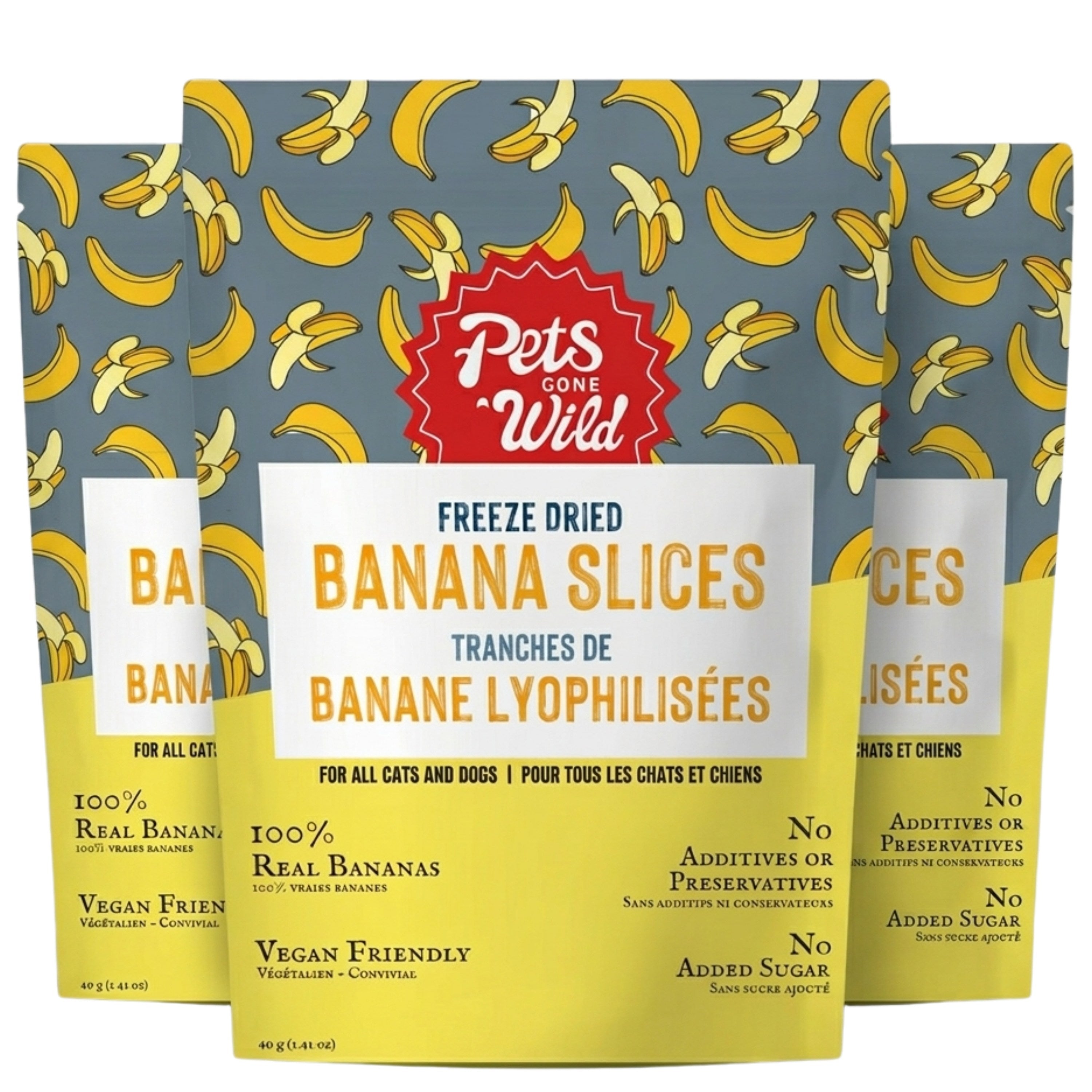 Three pouches of Pets Gone Wild freeze-dried banana slices for dogs and cats, 40g, vegan, no added sugar, made in Canada