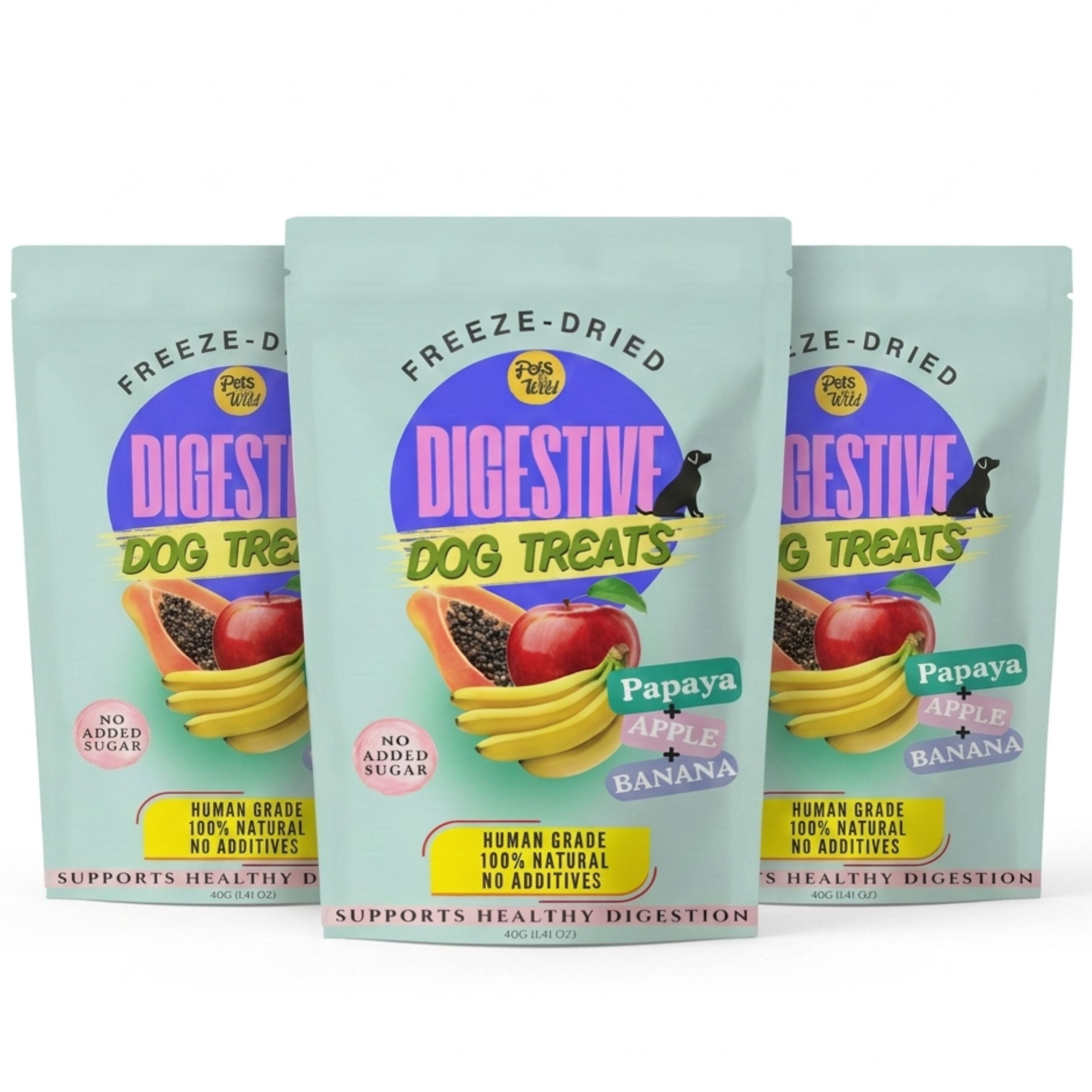 Three pouches of Pets Gone Wild freeze-dried Digestive Dog Treats in teal packaging containing papaya, apple, and banana, 40g, human grade, 100% natural, no added sugar, no additives, supports healthy digestion, made in Canada