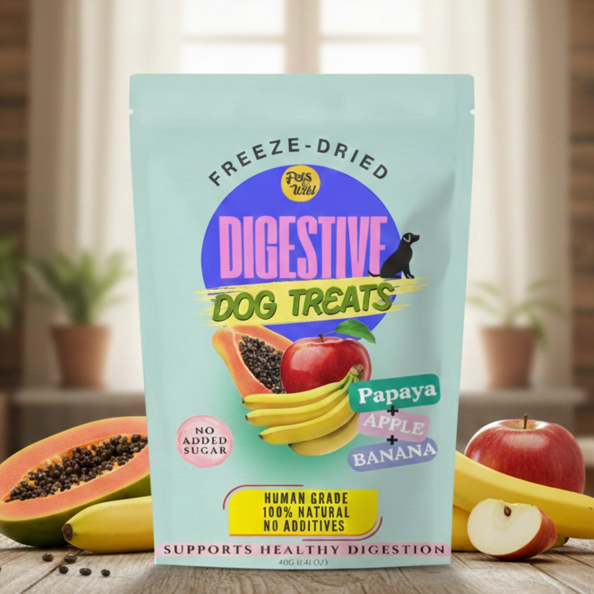 One pouch of Pets Gone Wild freeze-dried Digestive Dog Treats in teal packaging containing papaya, apple, and banana, 40g, human grade, 100% natural, no added sugar, no additives, supports healthy digestion, made in Canada