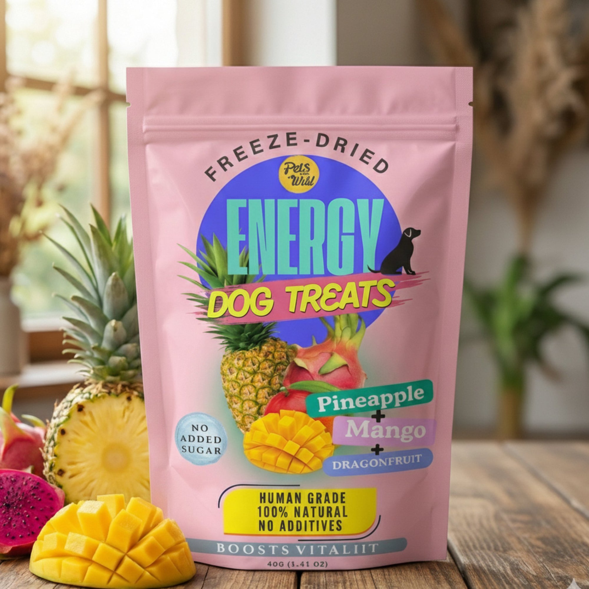 one pouch of Pets Gone Wild freeze-dried Energy Dog Treats in pink packaging containing pineapple, mango, and dragon fruit, 40g, human grade, 100% natural, no added sugar, no additives, made in Canada