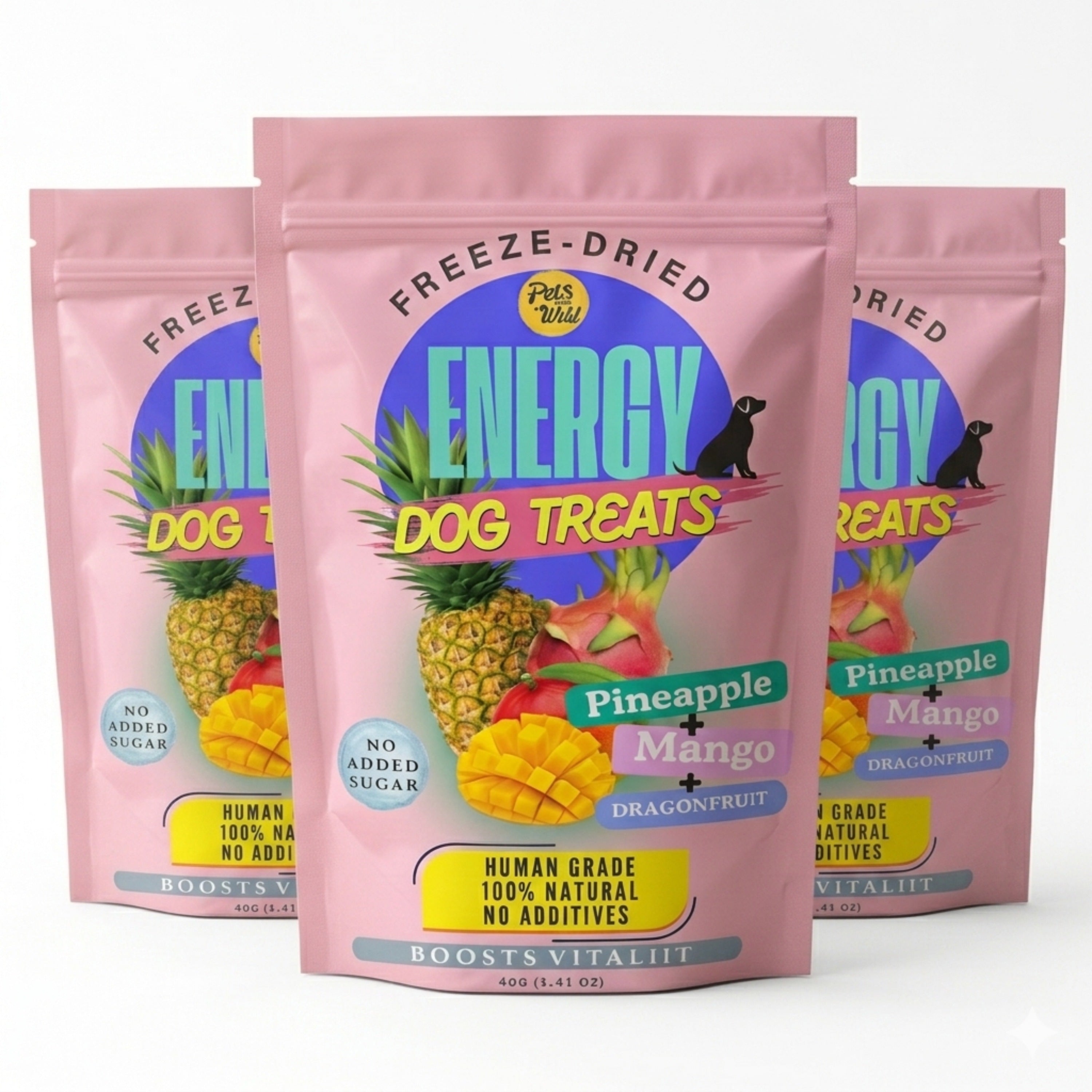 Three pouches of Pets Gone Wild freeze-dried Energy Dog Treats in pink packaging containing pineapple, mango, and dragon fruit, 40g, human grade, 100% natural, no added sugar, no additives, made in Canada
