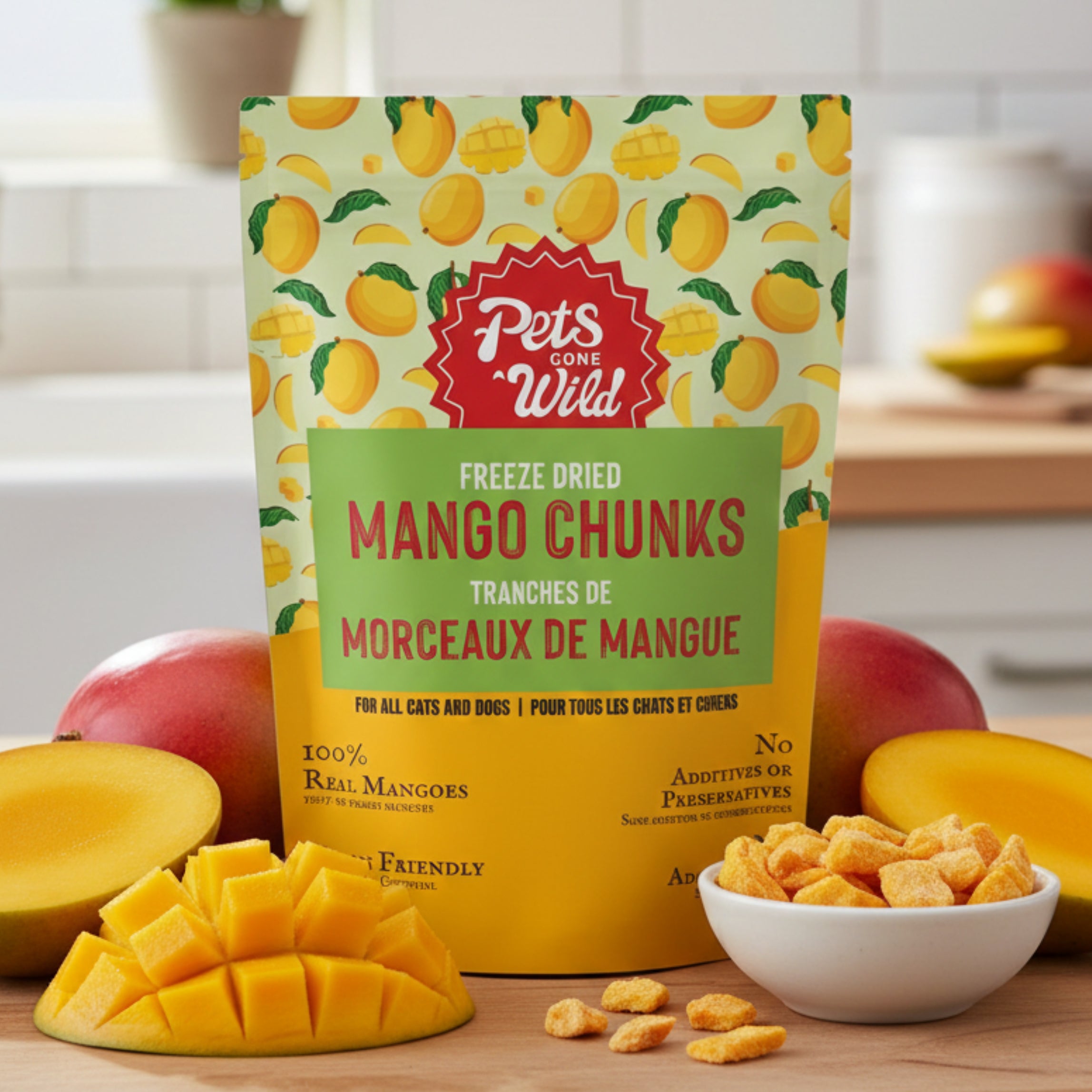 one pouch of Pets Gone Wild freeze-dried mango chunk treats for dogs and cats, 55g, vegan, no added sugar, 100% real mangoes, made in Canada