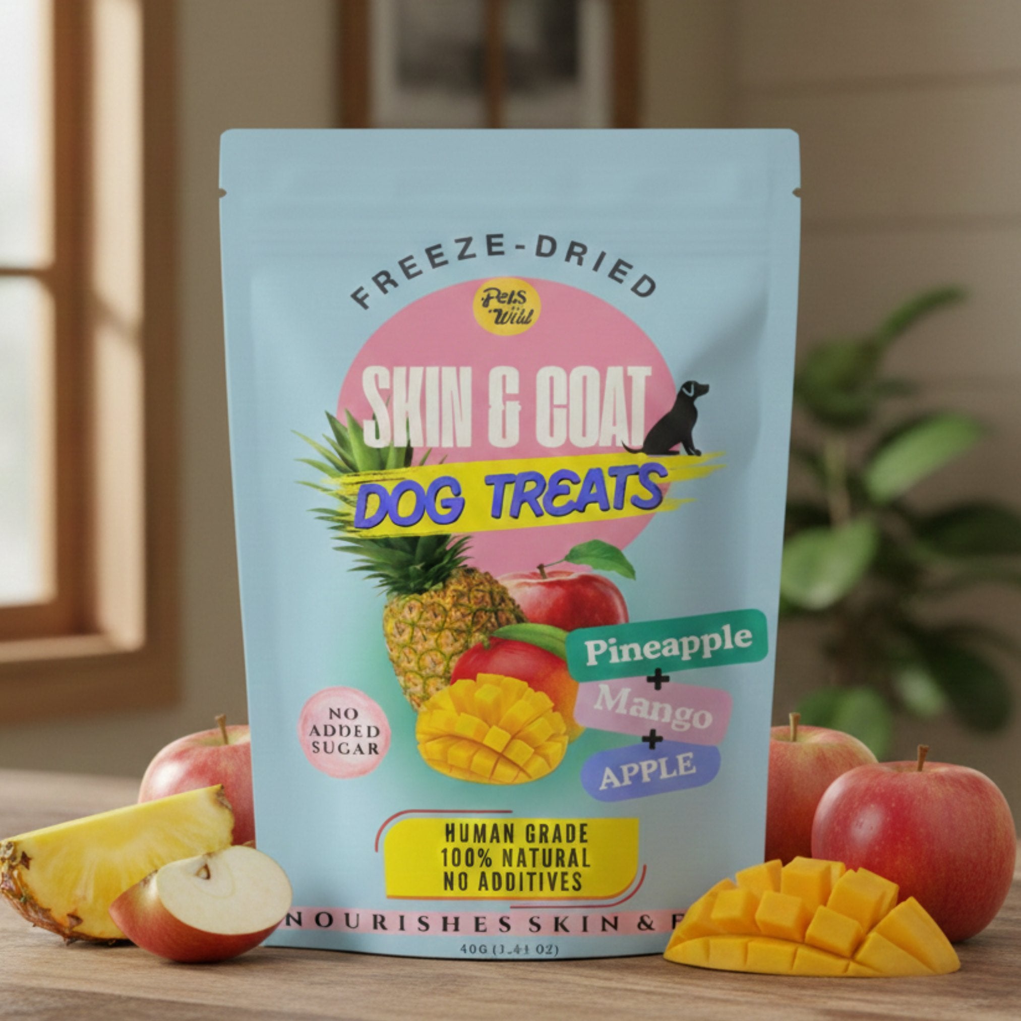 One pouch of Pets Gone Wild freeze-dried Skin and Coat Dog Treats in light blue packaging containing pineapple, mango, and apple, 40g, human grade, 100% natural, no added sugar, no additives, nourishes skin and coat, made in Canada