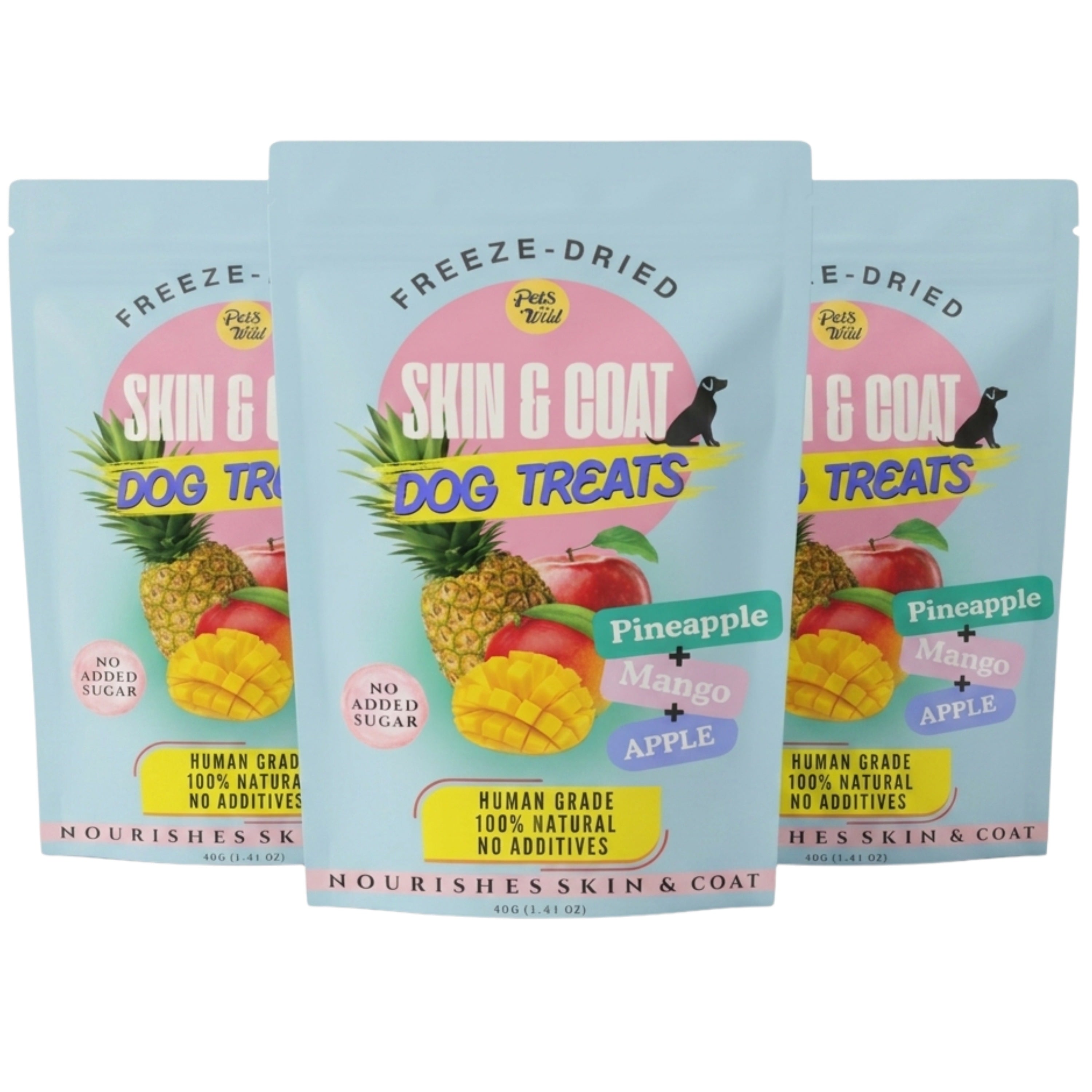 Three pouches of Pets Gone Wild freeze-dried Skin and Coat Dog Treats in light blue packaging containing pineapple, mango, and apple, 40g, human grade, 100% natural, no added sugar, no additives, nourishes skin and coat, made in Canada