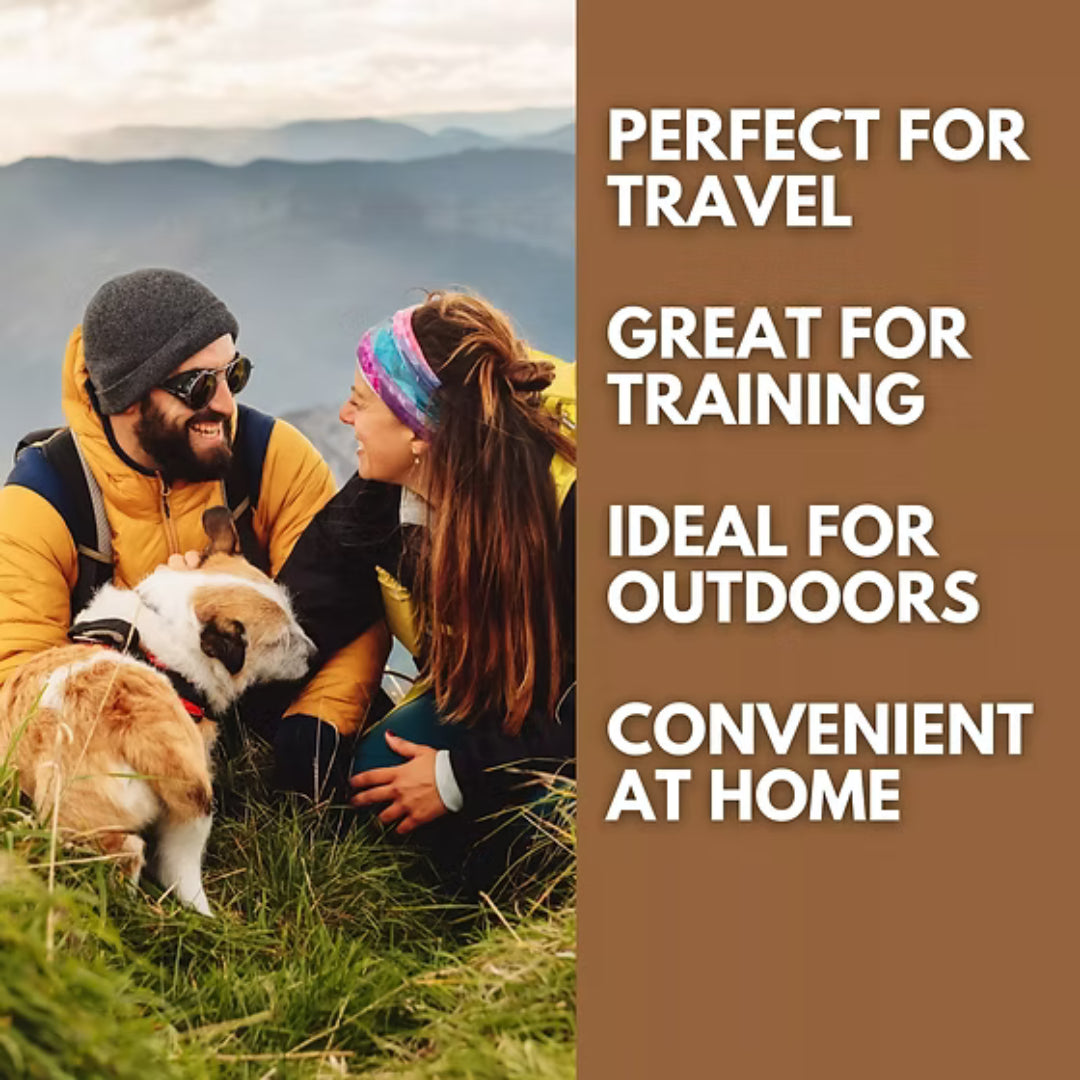 Two pet owners outdoors in nature with a medium or large dog, showcasing Pets Gone Wild goat milk peanut butter cookies as a natural Canadian treat for bigger breeds and cats, slow-baked with xylitol-free peanut butter and whole goat milk, made in Canada