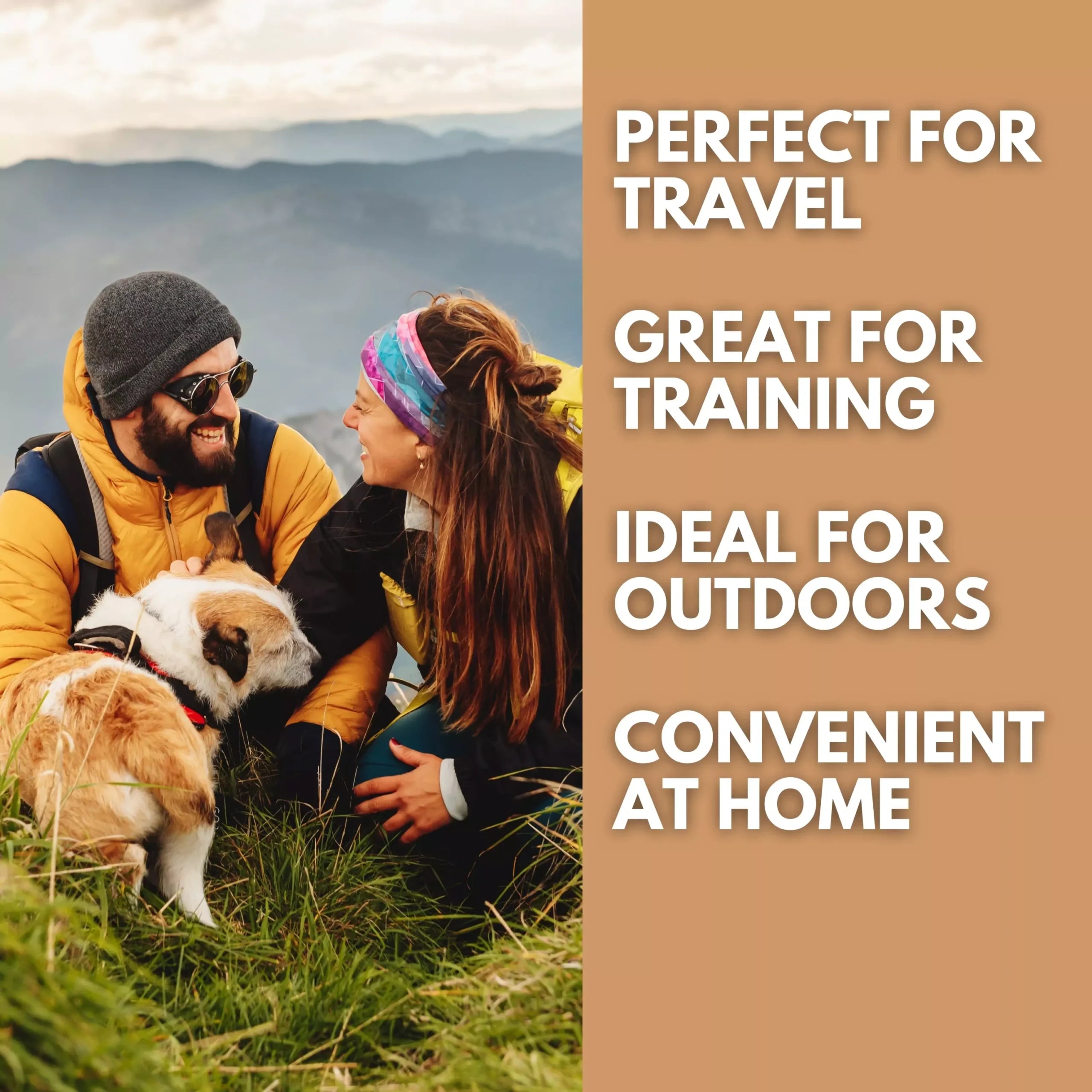 Two pet owners sitting outdoors with dogs enjoying Pets Gone Wild goat milk peanut butter cookies, representing natural Canadian pet treat lifestyle for puppies and small dogs, slow-baked with xylitol-free peanut butter and whole goat milk