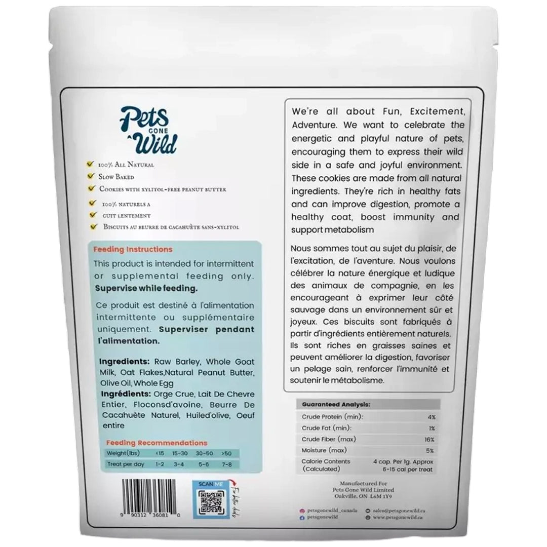 Back of pack label for Pets Gone Wild goat milk peanut butter cookies showing full ingredient list: raw barley, whole goat milk, oat flakes, natural peanut butter, olive oil and whole egg; xylitol-free, slow-baked, made in Canada by Pets Gone Wild Limited Oakville Ontario