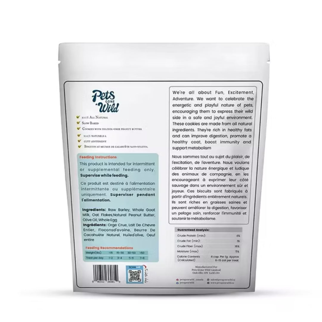 Back of pack label for Pets Gone Wild goat milk peanut butter cookies medium and large size showing full ingredient list: raw barley, whole goat milk, oat flakes, natural peanut butter, olive oil and whole egg; xylitol-free, slow-baked, made in Canada by Pets Gone Wild Limited Oakville Ontario
