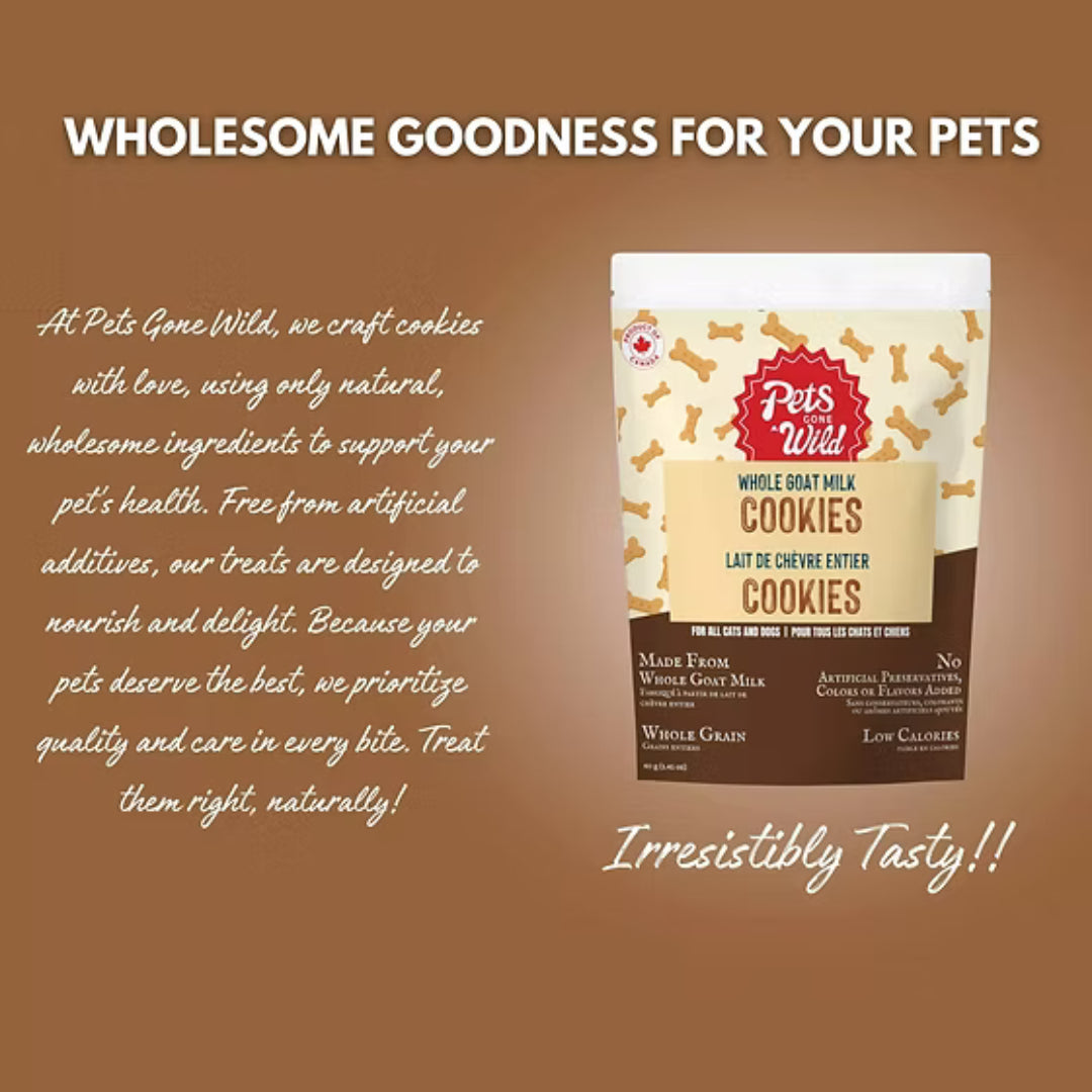 Pets Gone Wild goat milk peanut butter cookies medium and large size on warm brown background showing natural treat claims: slow-baked for firm jaw-appropriate crunch, whole goat milk for joint and digestive health in larger breeds, xylitol-free peanut butter, made in Canada for medium dogs, large dogs and cats
