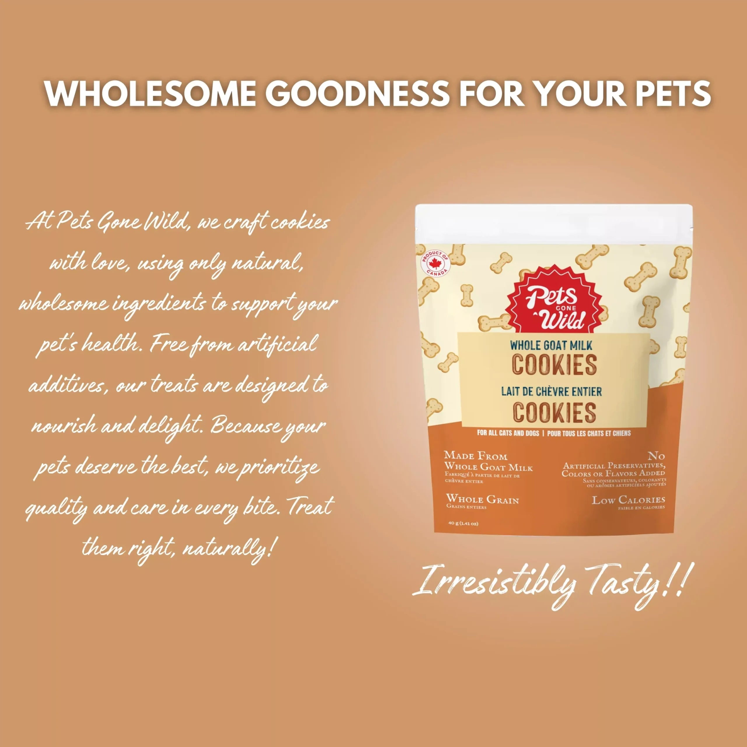 Pets Gone Wild goat milk peanut butter cookies package on warm brown background showing natural treat claims: slow-baked, whole goat milk, xylitol-free peanut butter, low calorie, made in Canada for puppies, small dogs and cats