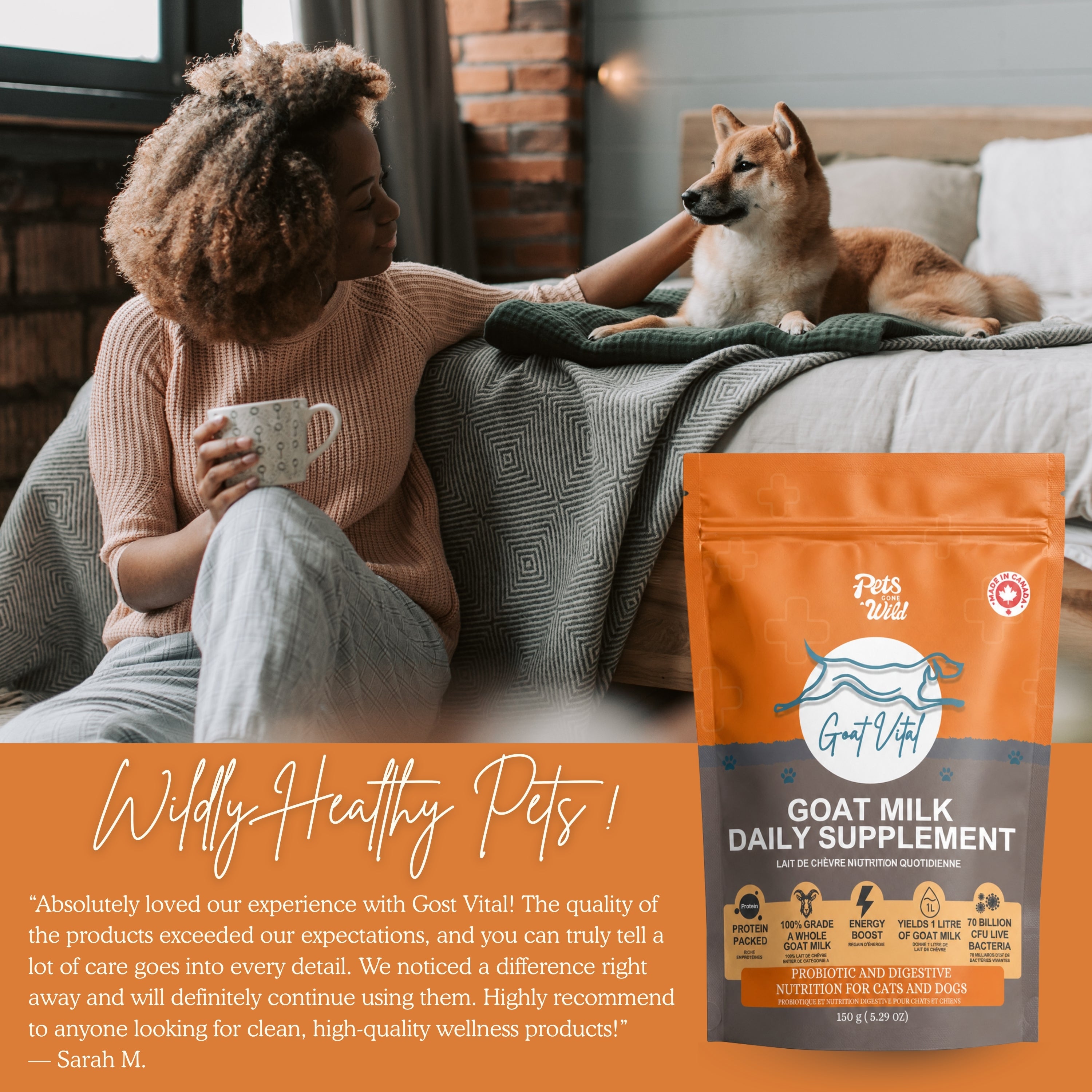 Pet owner relaxing at home with a Shiba Inu dog alongside Pets Gone Wild Goat Vital powdered goat milk supplement pouch, with customer testimonial praising quality and visible wellness results from the daily goat milk probiotic supplement, made in Canada for cats and dogs