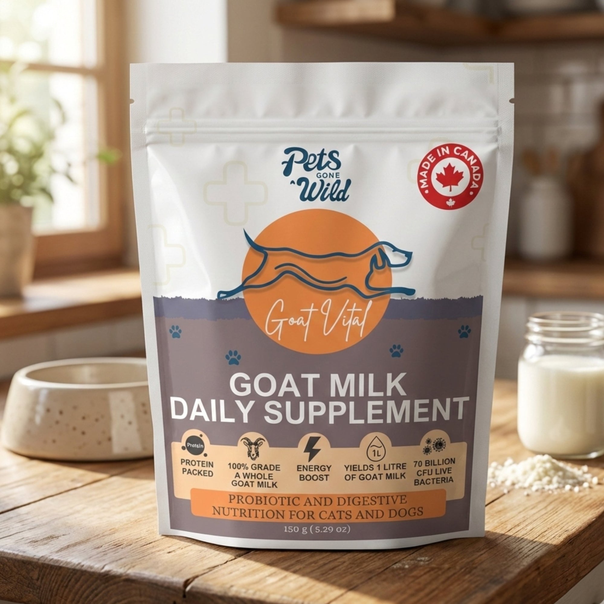Pets Gone Wild Goat Vital powdered goat milk daily supplement for cats and dogs in 150g orange resealable pouch, made in Canada, with 70 billion CFU live bacteria, Grade A whole goat milk, energy boost, yields 1 litre of goat milk, probiotic and digestive nutrition for cats and dogs