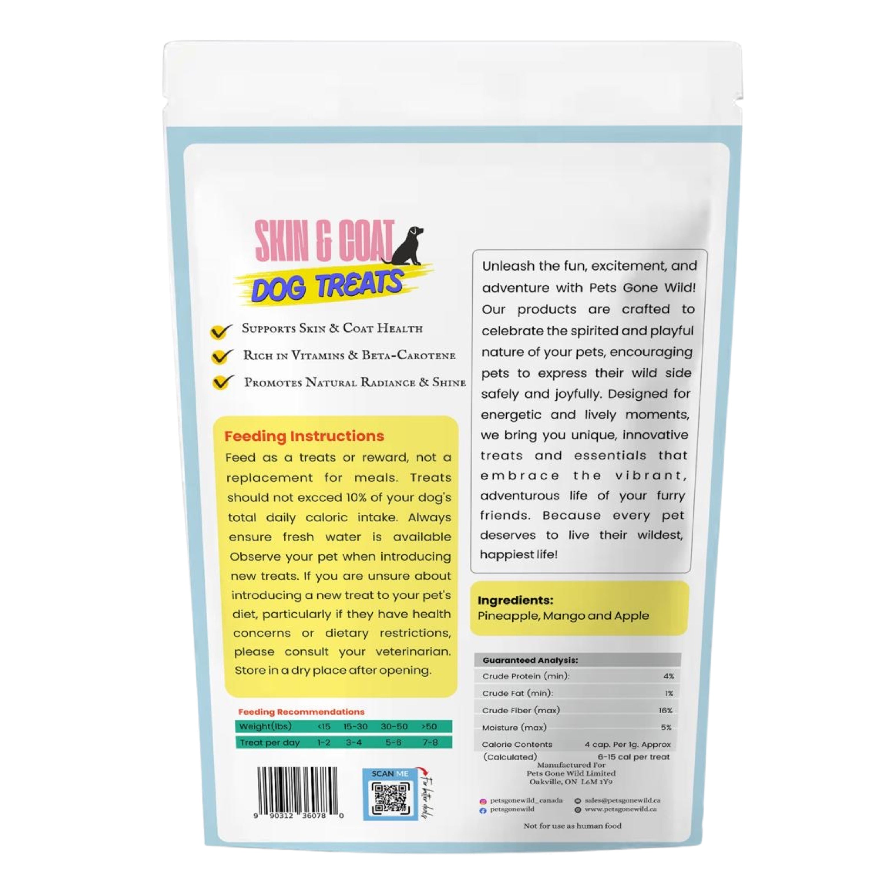 Back of pack label for Pets Gone Wild freeze-dried Skin and Coat Dog Treats showing ingredients: pineapple, mango and apple; health claims: supports skin and coat health, rich in vitamins and beta-carotene, promotes natural radiance and shine; guaranteed analysis with 4% crude protein, 1% crude fat, 16% crude fibre, 5% moisture; feeding recommendations of treats not exceeding 10% daily caloric intake; manufactured for Pets Gone Wild Limited, Oakville Ontario Canada L6M 1Y9