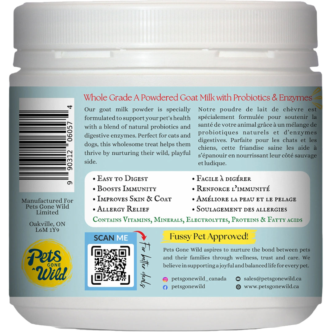 Pets Gone Wild unflavored whole powdered goat milk daily supplement in 250g white canister, Product of Canada, 100% Grade A whole goat milk, yields 2.25 litres of goat milk, 38-day serving supply, billions of probiotics and digestive enzymes, for all cats and dogs