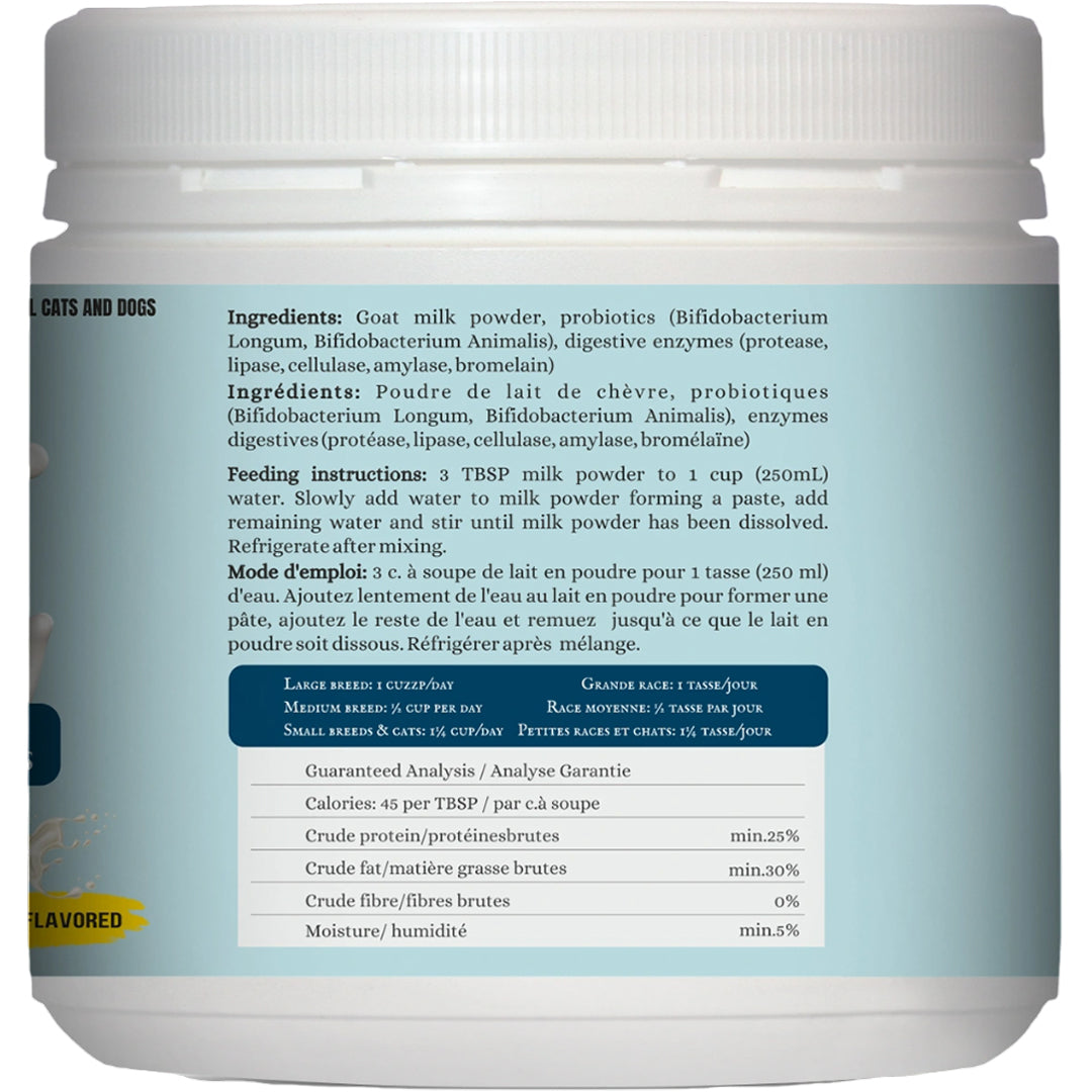 Pets Gone Wild unflavored whole powdered goat milk daily supplement in 250g white canister, Product of Canada, 100% Grade A whole goat milk, yields 2.25 litres of goat milk, 38-day serving supply, billions of probiotics and digestive enzymes, for all cats and dogs