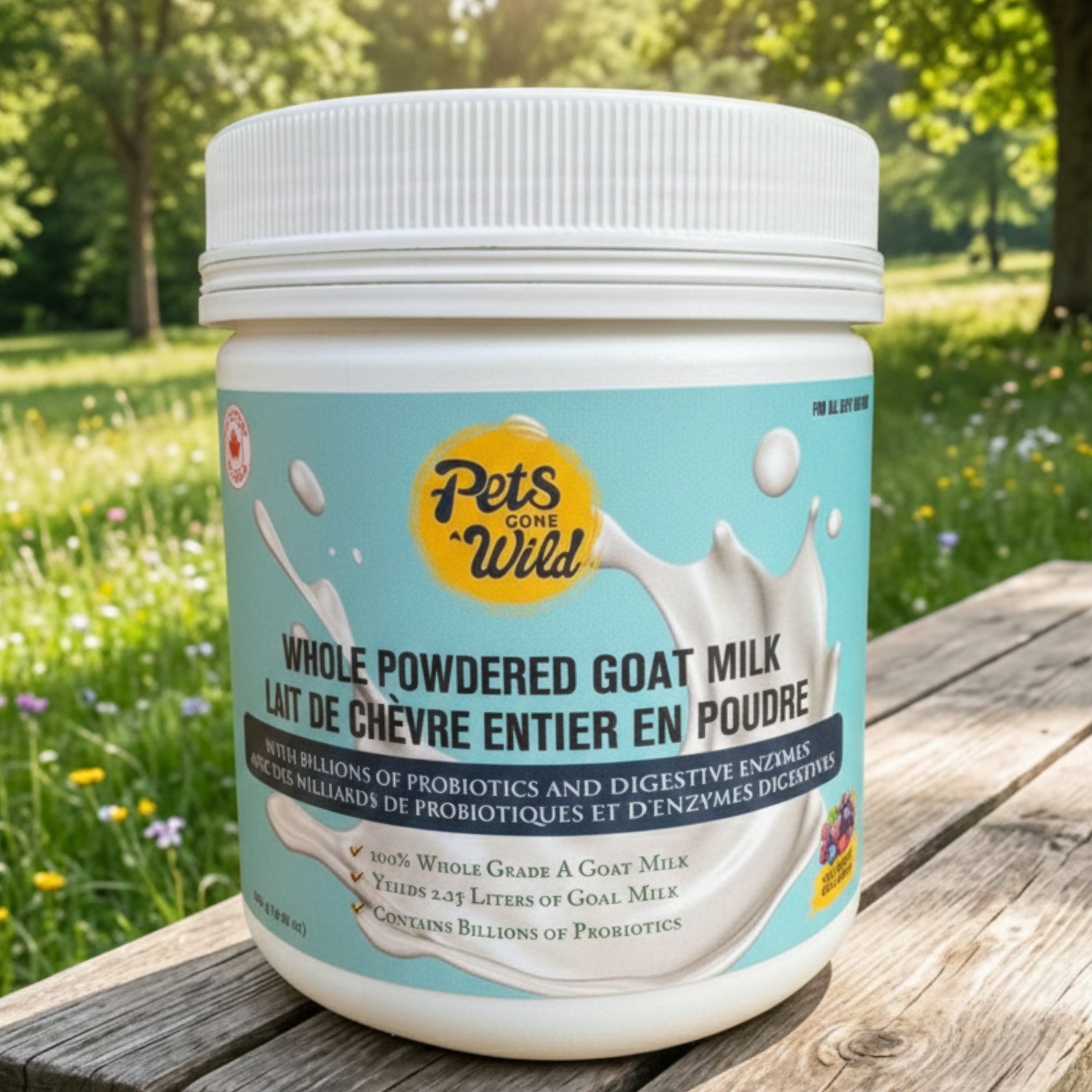 Pets Gone Wild unflavored whole powdered goat milk daily supplement in 250g white canister, Product of Canada, 100% Grade A whole goat milk, yields 2.25 litres of goat milk, 38-day serving supply, billions of probiotics and digestive enzymes, for all cats and dogs