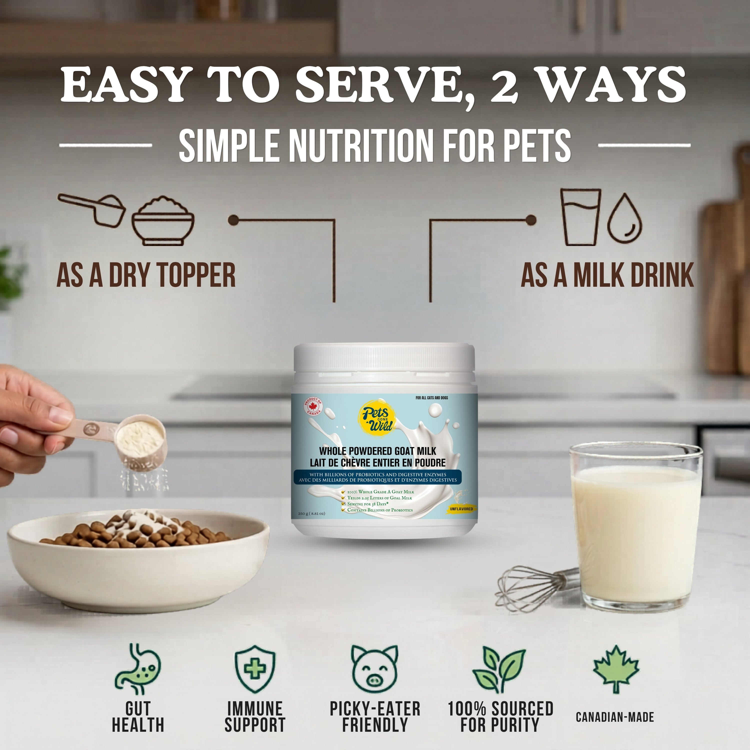 Two ways to serve Pets Gone Wild unflavored powdered goat milk for dogs and cats: as a dry topper sprinkled directly over kibble for a nutritional boost, or mixed with water to create a goat milk drink — with five benefits: gut health, immune support, picky-eater friendly, 100% sourced for purity, Canadian-made — Product of Canada